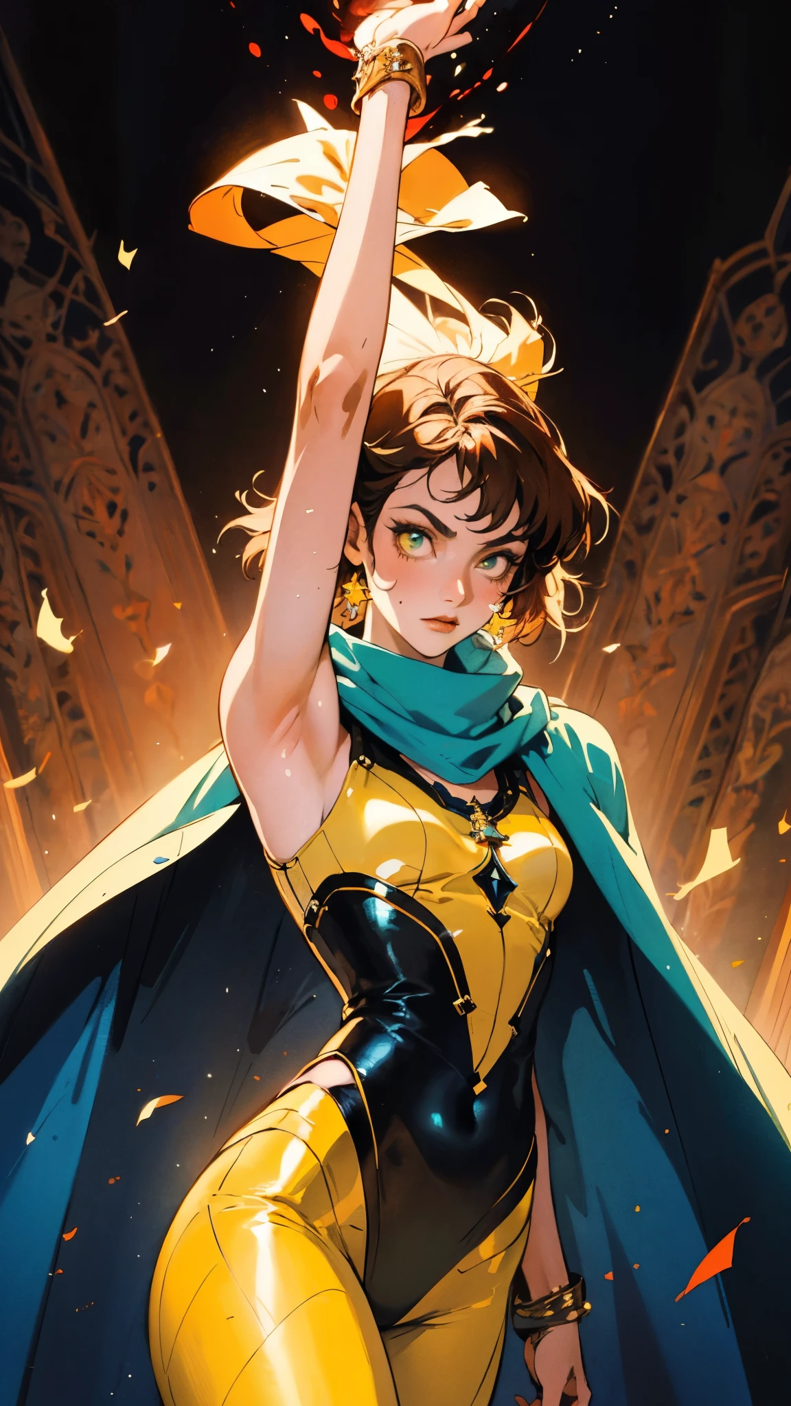 A teenager girl with short brown hair, delicate features, a focused gaze, a determined expression, she has a petite figure akin to a gymnast, adorned with a long flowing cape-like scarf in red and yellow hues, a fantasy-realism-style gymnastics leotard with a long hemline attached, paired with matching leggings, ((black as the main color, complemented by red and yellow accents)), (she poised on a vast stage enveloped in mystery, she emitting a sacred glow in the dim environment), this character embodies a finely crafted fantasy-realism-style dancer in anime style, exquisite and mature manga art style, perfect body, porcelain skin, high definition, best quality, highres, ultra-detailed, ultra-fine painting, extremely delicate, professional, anatomically correct, symmetrical face, extremely detailed eyes and face, high quality eyes, creativity, RAW photo, UHD, 32k, Natural light, cinematic, masterpiece-anatomy-perfect, masterpiece:1.5
