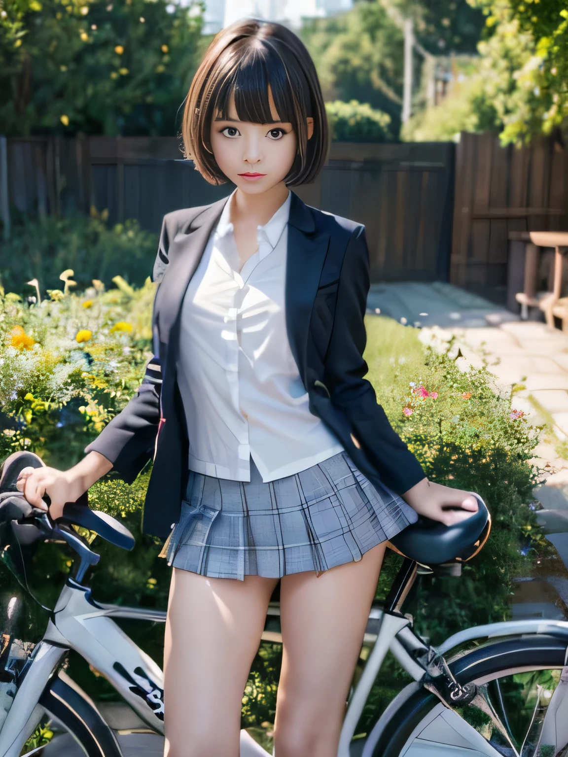 (masterpiece、Super detailed、8K、highest quality:1.5)、((wonderful))、14 year old idol high school girl、short hair with bangs、uniform、((blazer))、white shirt、mini skirt、((ride a bicycle))、(I can see your pants)、garden