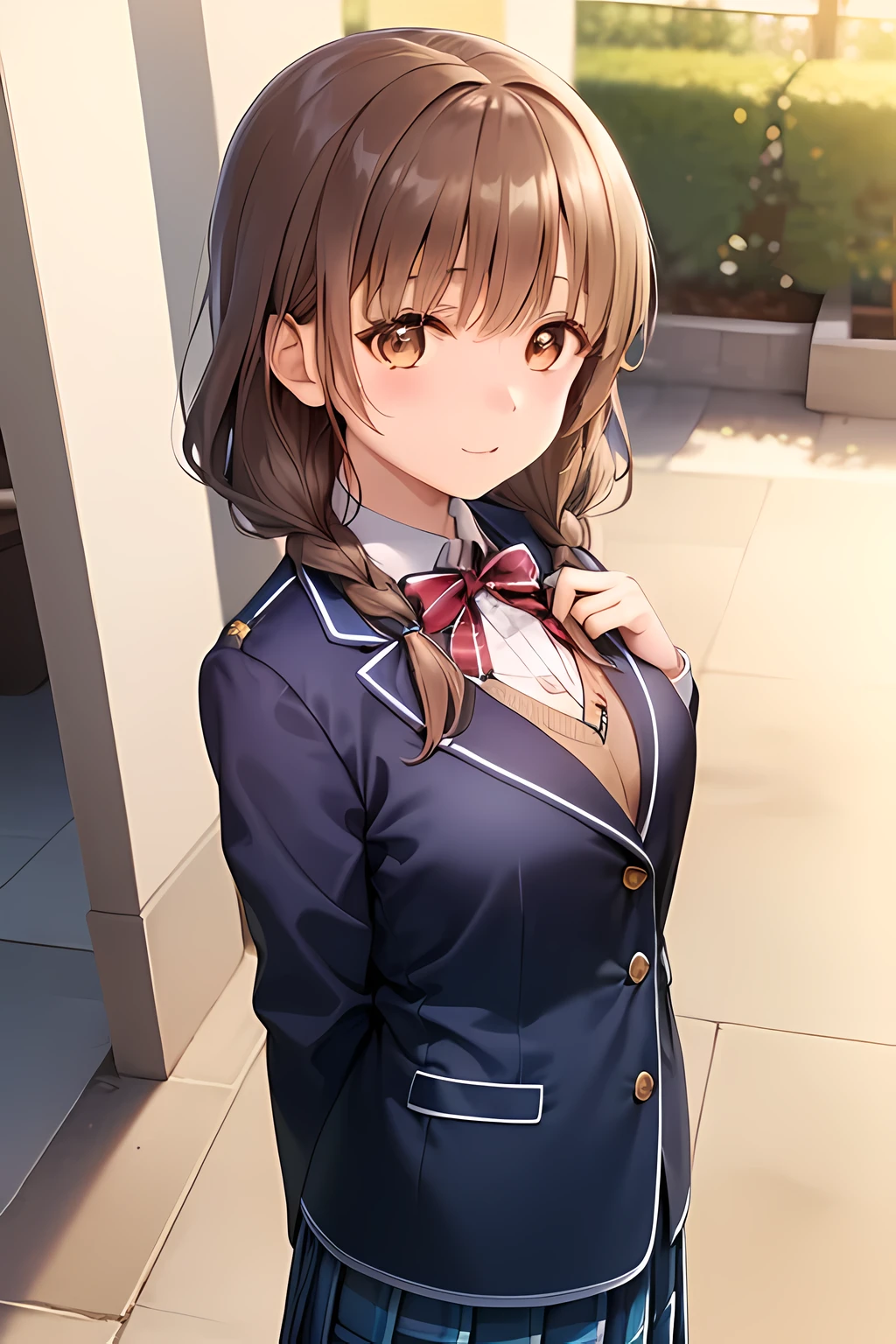 anime character, ((dark brown hair:2.0, curly curly bangs:1.5, Dark brown tightly braided hairstyle:1.8, hairpin)), ((brown eyes:1.4, round big eyes, pupil, beautiful eyelashes, realistic eyes, droopy eyes,  優しく微笑むpupil, thin downward eyebrows)), ((detailed face)), ((smooth texture:0.75, realistic texture:0.65, realistic:1.1, Anime CG style)), Because I&#39;m slender, smile, ((((Green school blazer with elegant emblem))), ((my chest is very big、dark blue big big school butterfly ribbon)), very shiny hair、The corners of the eyes are drooping, ((((Green & Navy color tartan check middle long skirt)))), ((A gentle and cute expression staring at the viewer)), double eyelid, ((long eyelashes)), ((the skirt is very cute)), （(Strong appeal to viewers)), (((shot from the side))), white background