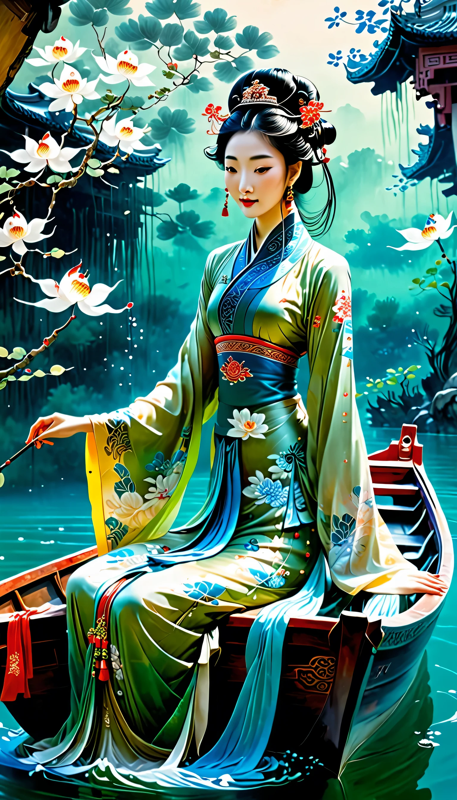 painting of a woman sitting on a boat underwater, beauty of ancient china, ancient chinese princess, ancient chinese goddess, chinese style painting, Sound influenced by Tan Ying, chinese painting style, Japanese painting, beautiful fantasy empress, palace , girl in hanfu, Works inspired by Moronobu Hishikawa, traditional chinese art, ((beautiful fantasy empress))