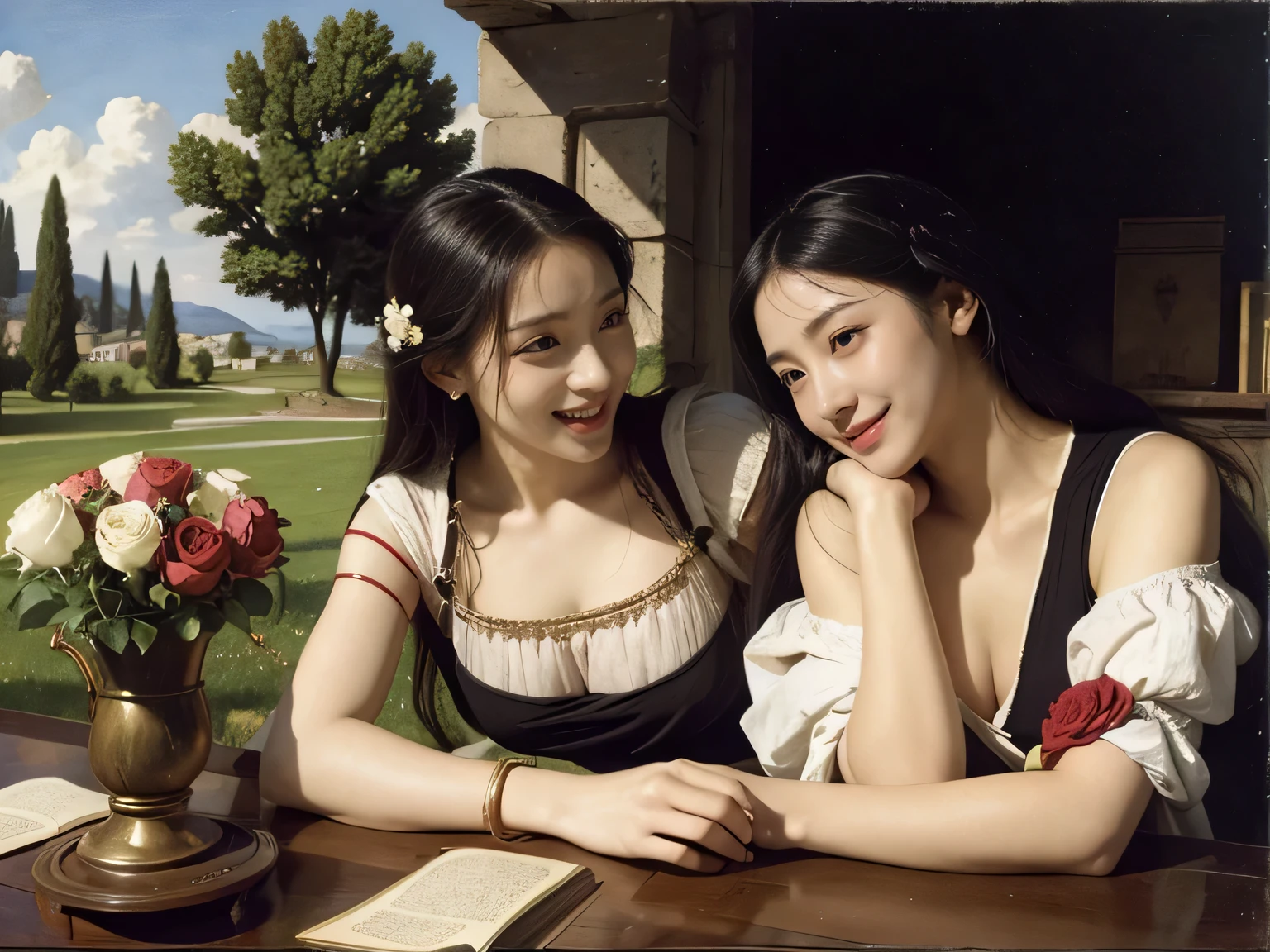 Giorgione painting style,Arguments of two female Philosophe,math、astronomical machine、astronaut、roses in vase、fruits、Cute trinkets、smile、ancient greek costume、Ancient Roman landscape in the style of Nicolas Poussin,laughter,,Sweet and seductive appearance.、Caravaggio's paintings、Chiaroscuro of Caravaggio、hair tousled by the wind,Two women frolicking,cute smile, expression of ecstasy,Sexy,erotic
