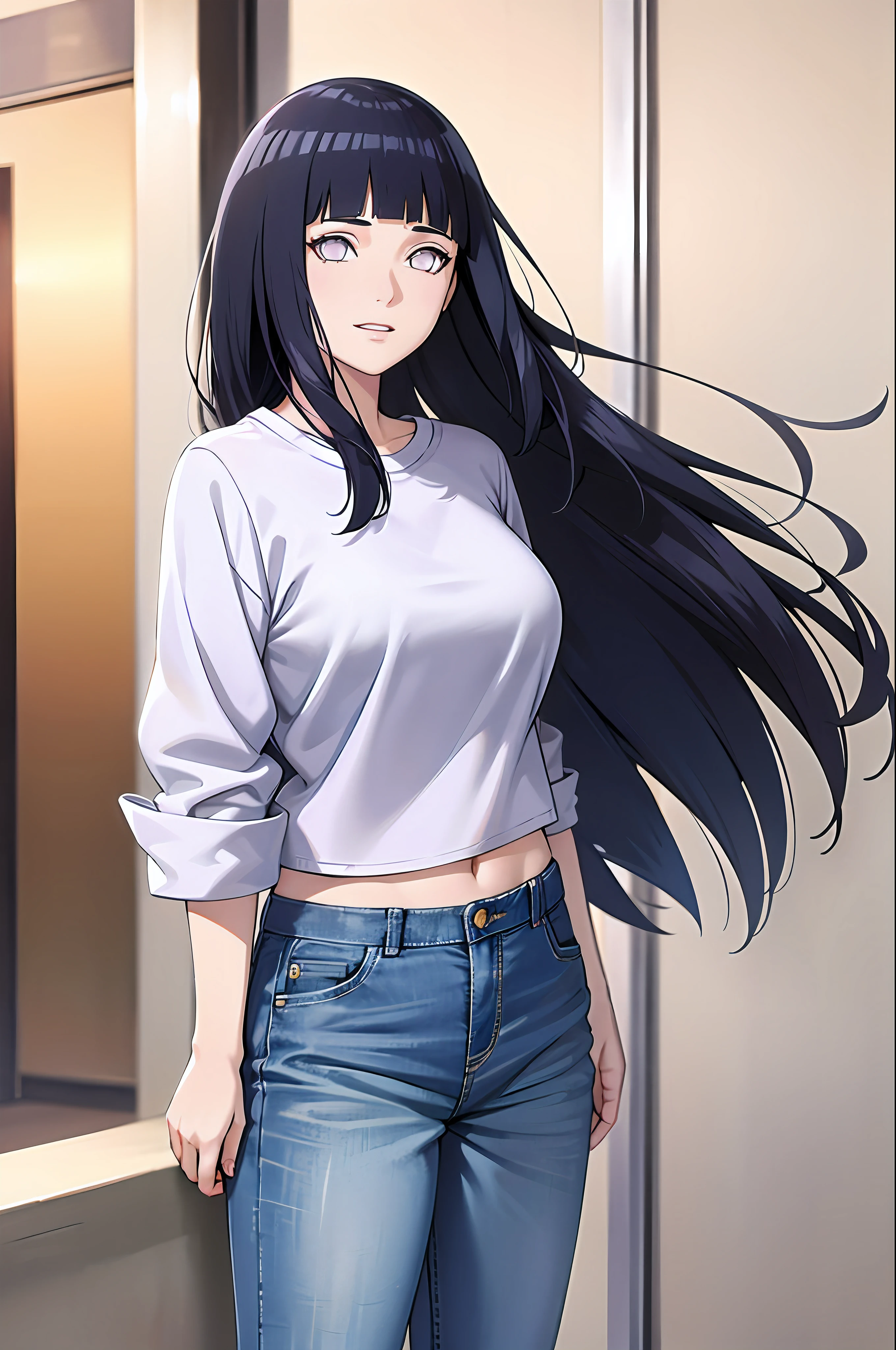 masterpiece, best quality, ((pure white background)), permanent, (dark blue hair) ,cold face, whole body, denim jacket, White T-shirt, casual pants, (((fashion clothing))), happy, Light effect, soft, super clear, HD pictures, (front), purple eyes, blunt bangs, Hinata/(Boruto/), long hair, Medium chest