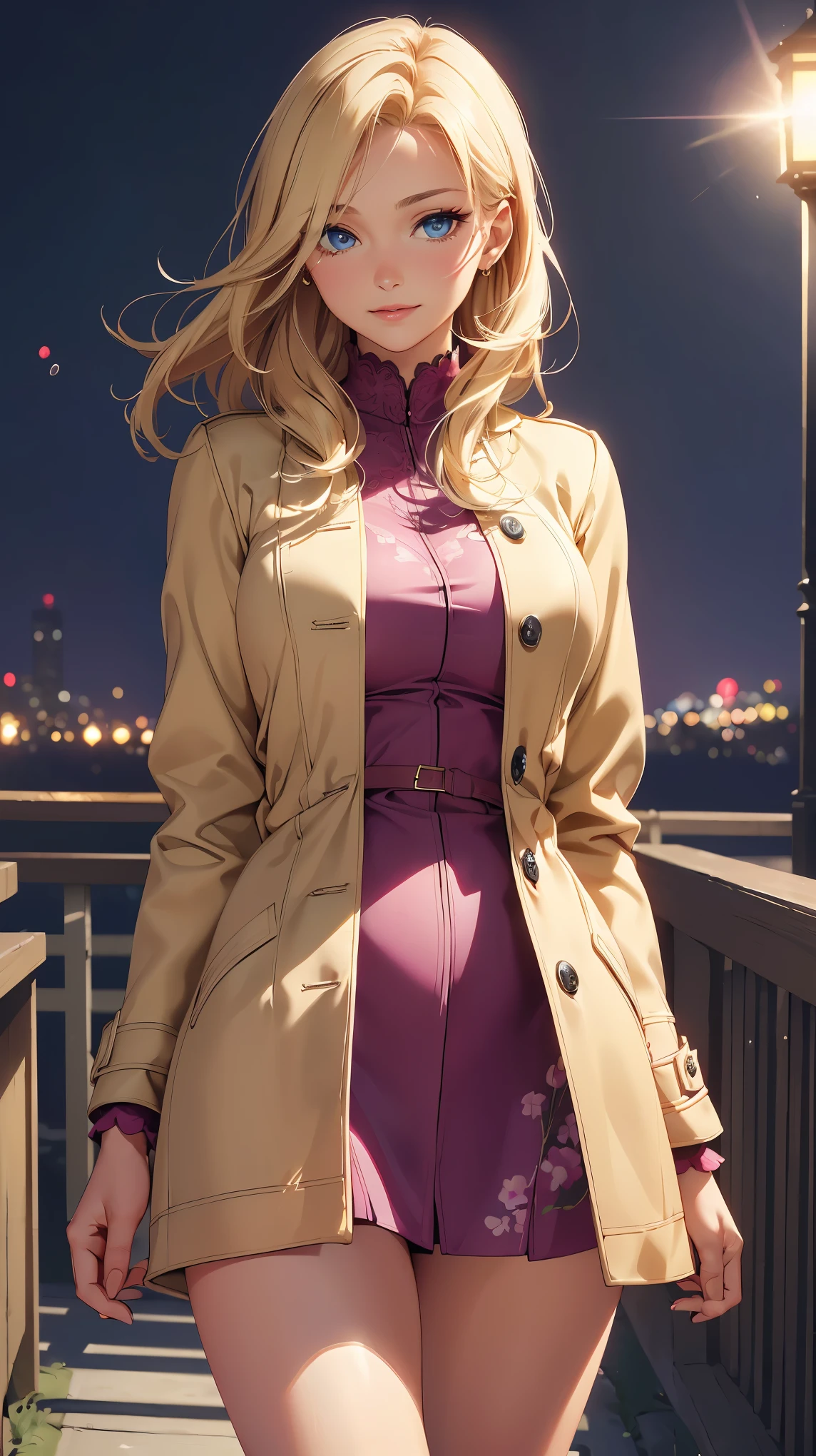 concept:beautiful woman portrait. quality:(最高quality, 4k, 8k, High resolution, masterpiece:1.2), Super detailed, (real, photorealistic:1.37). lighting effects:cinematic light, Bright colors and mesmerizing effects, Soft and delicate lighting, gentle shine, Lens flare, Beautiful and gentle atmosphere throughout the scene. Subject information:alone, ((young woman)), (round eyes), (small face), (high detail skin:1.2), long eyelashes, glossy lips, (blonde, shortcut, blue eyes), (slim body shape), (beautiful breasts), Highly detailed face and skin texture, (happy expression), ((facing the front:1.2)), (upper glance:1.5, photo shootのためポーズをとる), ((Spring pastel colored coat, opened the front of the coat, Spring color dress, beautiful thighs)), (((Clothes that bring out your beauty, beautiful body line, seductive thighs))). Other details:night time:1.5, standing pose:1.2, beautiful skin, shiny skin, perfect fingers, five fingers, anatomically correct, background bokeh, 300㎜, f/4, photo shoot.