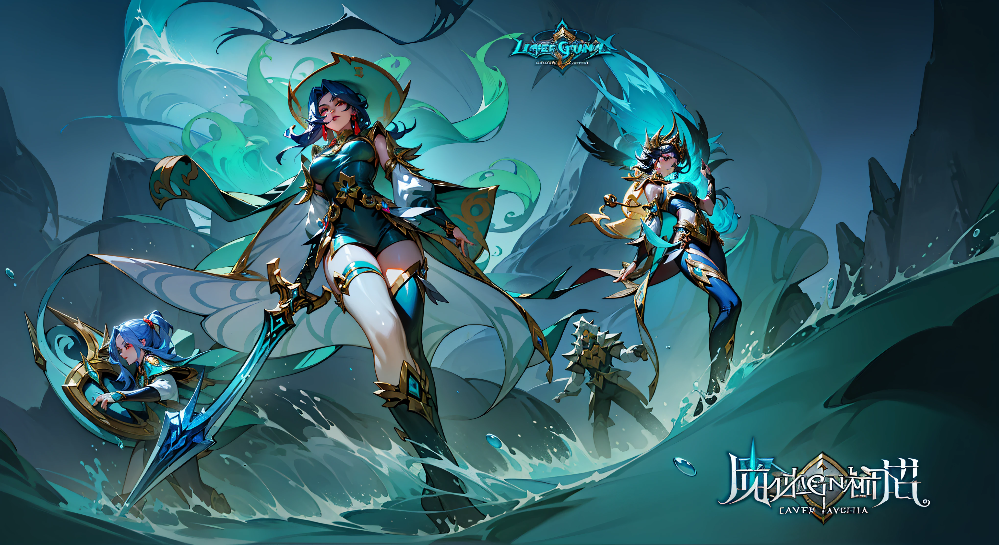 A group of anime characters holding swords, Queen of the Sea Mu Yanling, character splash art, League of Legends style, League of Legends art style, wild rift, Legends of Runeterra, mobile legends, g liulian art style, Official splash art,in the sea,huge waves,League of Legends art style, Official splash art, From League of Legends, League of Legends style艺术,Style ivan talavera and artgerm, fantasy art style, zanlatalia, character splash art,Blue atmosphere,cool color,Excellent quality,super clear,in-depth description