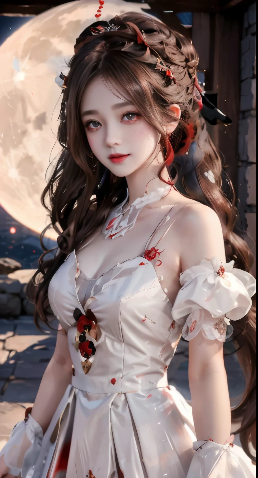 Modify hair only、Face）white dress，tulle skirt，Reddish-brown hair，curls，ponytail，Nice bun，Perfect hairstyle，red headdress，red eyes，red eye，red pupils，Delicate and detailed eyes，clear eyes，Red eyes，huge ，Smile，moon，night，Extremely detailed CG unified 8K wallpaper，（high dynamic range：1.4），（），（pastel colors，dim colors，soothing tones： 1.3）