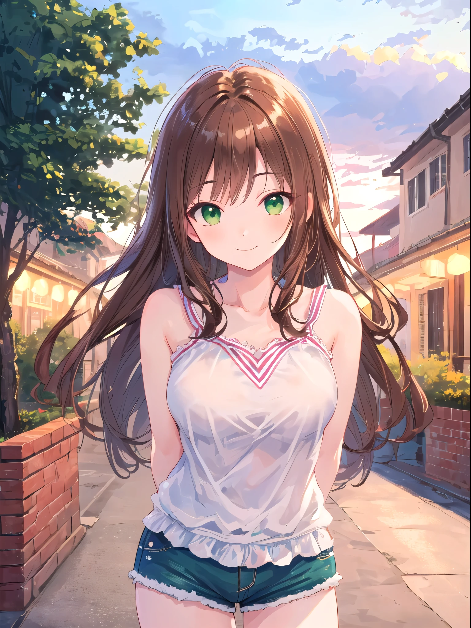 (best quality,masterpiece,highres,detailed:1.2),perfect anatomy,shorts,brown hair,green eyes,outdoor,arms behind back,excited,date,1girl,erotic,portrait,landscape,colorful lighting,emotive,romantic smile