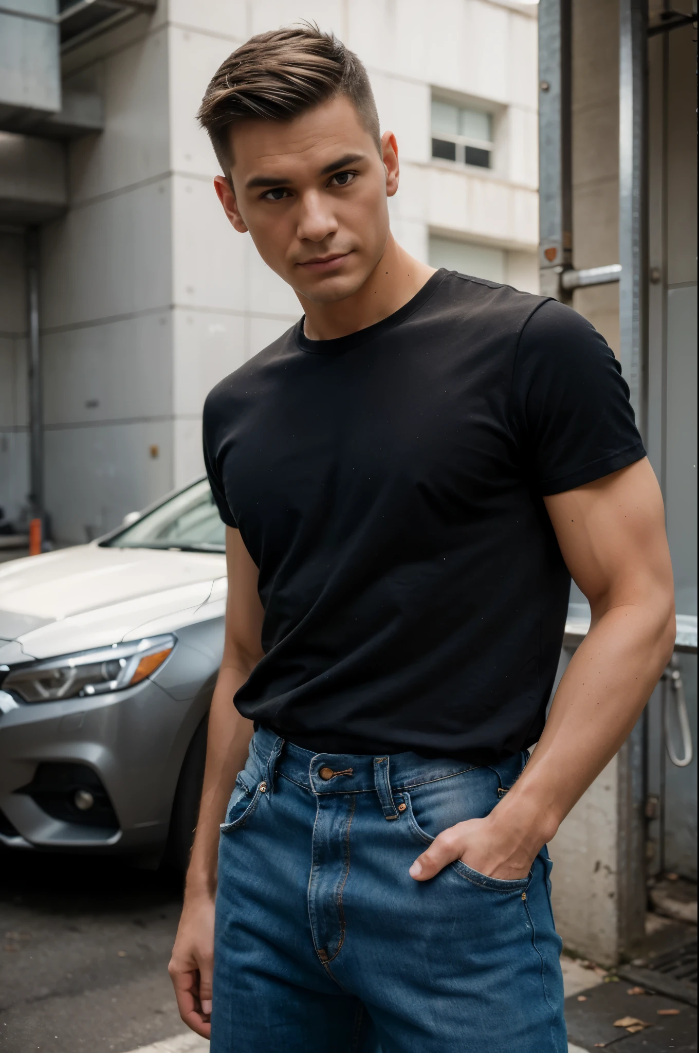 RAW photo, (male focus), a closeup portrait photograph of model man, muscle man, sharp jawline, short hair, shaved hair, brown hair, standing outside, posing, black t-shirt, denim broken jeans, with a smirk 8k uhd, dslr, soft lighting, high quality, film grain, Fujifilm XT3