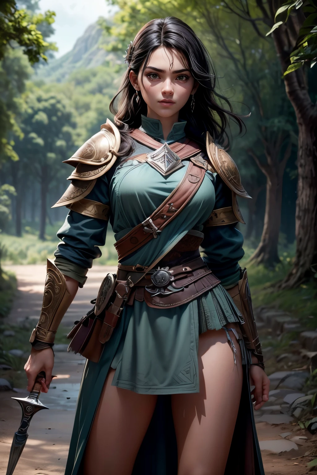 joven adolescente, ancient celtic warrior, mala mirada,,postura de combate, Wielding a dagger, armadura celta antigua, muy detallado, bosque antiguo en el fondo, pelo rizado de jengibre, apariencia vibrante, comportamiento creativo, extremadamente detallado, imaginativo, sensual, spontaneous, of the highest quality, Textura de la piel, Detalles intrincados, (cinematic lighting), foto cruda, 8K, obra maestra,Mejor calidad,ultra detallado,ilustraciones muy detalladas,Extremadamente detallado,Detalles intrincados,high resolution,detalles super complejos,Extremadamente detallado 8K cg wallpaper,