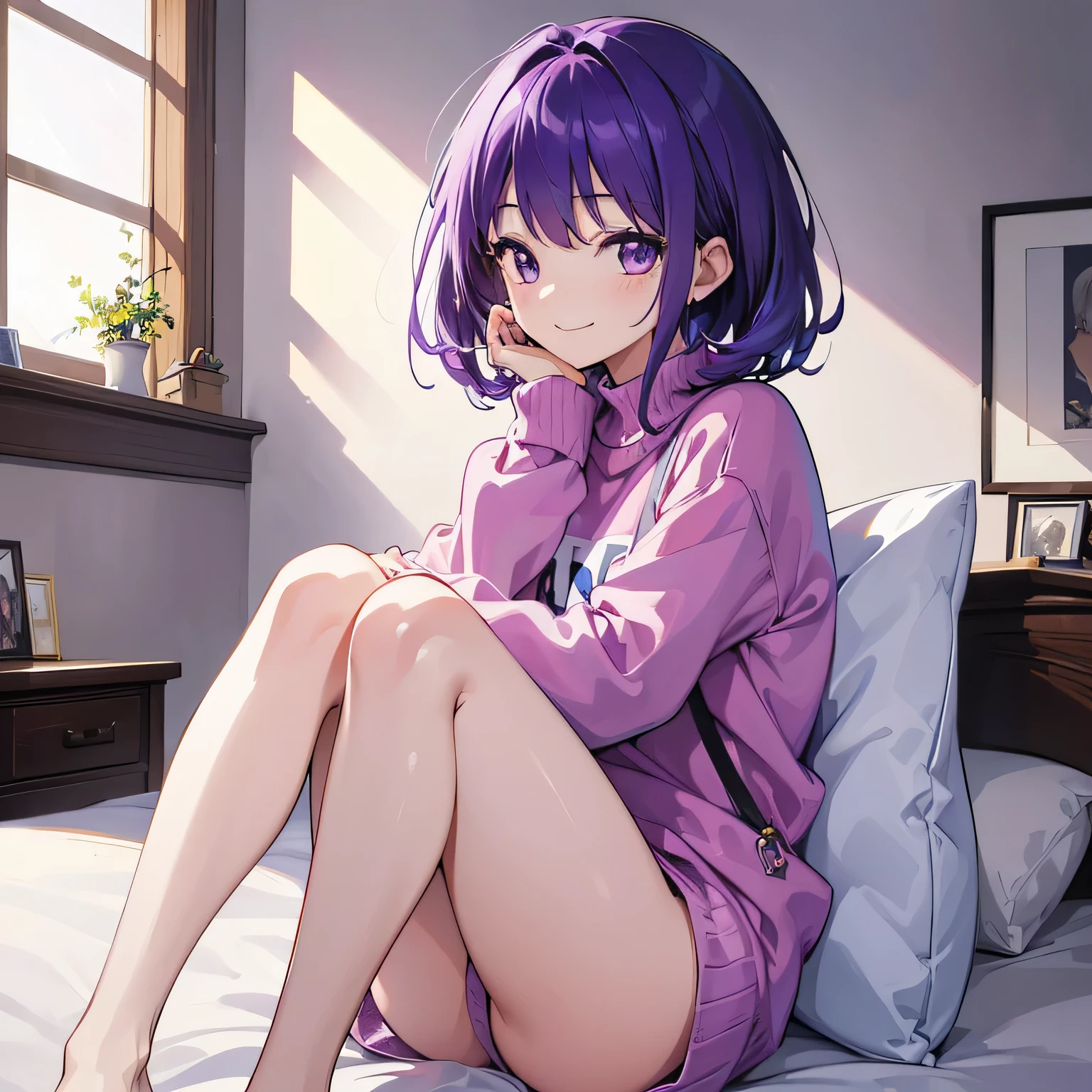 (T Masterpiece，4k wallpaper，best quality))、((girl１people))、(solo)、Shining and vivid，(purple hair)、(shortcut:1.3)、smile、Bedroom、sweater、morning