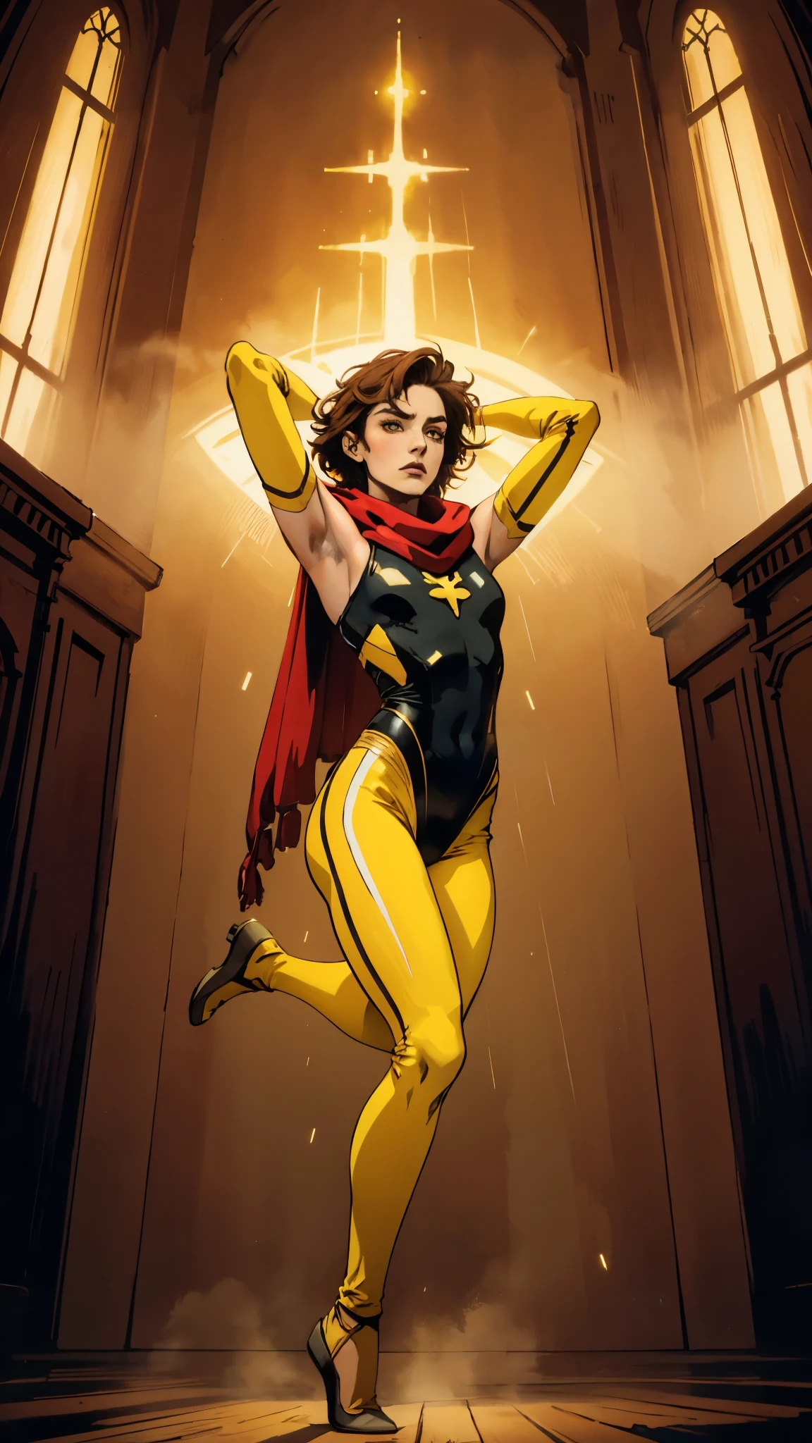 A teenager girl with short brown hair, delicate features, a focused gaze, a determined expression, she has a petite figure akin to a gymnast, adorned with a long flowing cape-like scarf in red and yellow hues, a fantasy-realism-style gymnastics leotard with a long hemline attached, paired with matching leggings, ((black as the main color, complemented by red and yellow accents)), (she poised on a vast stage enveloped in mystery, she emitting a sacred glow in the dim environment), this character embodies a finely crafted fantasy-realism-style dancer in anime style, exquisite and mature manga art style, perfect body, porcelain skin, high definition, best quality, highres, ultra-detailed, ultra-fine painting, extremely delicate, professional, anatomically correct, symmetrical face, extremely detailed eyes and face, high quality eyes, creativity, RAW photo, UHD, 32k, Natural light, cinematic, masterpiece-anatomy-perfect, masterpiece:1.5