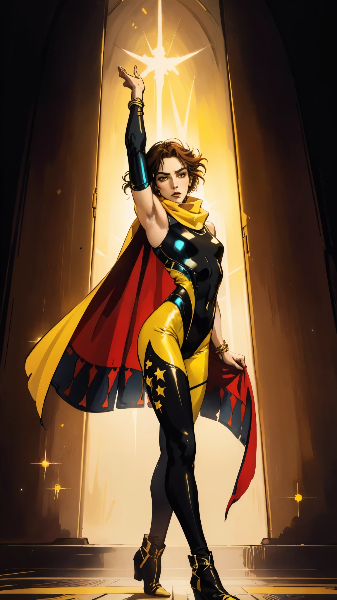 A teenager girl with short brown hair, delicate features, a focused gaze, a determined expression, she has a petite figure akin to a gymnast, adorned with a long flowing cape-like scarf in red and yellow hues, a fantasy-realism-style gymnastics leotard with a long hemline attached, paired with matching leggings, ((black as the main color, complemented by red and yellow accents)), (she poised on a vast stage enveloped in mystery, she emitting a sacred glow in the dim environment), this character embodies a finely crafted fantasy-realism-style dancer in anime style, exquisite and mature manga art style, perfect body, porcelain skin, high definition, best quality, highres, ultra-detailed, ultra-fine painting, extremely delicate, professional, anatomically correct, symmetrical face, extremely detailed eyes and face, high quality eyes, creativity, RAW photo, UHD, 32k, Natural light, cinematic, masterpiece-anatomy-perfect, masterpiece:1.5