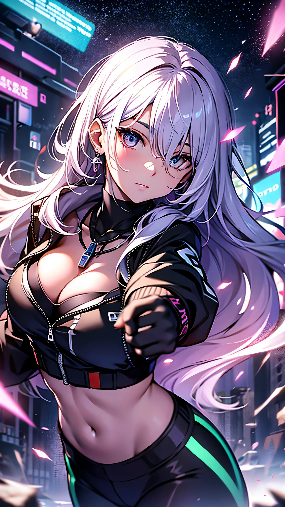 最high quality、best image quality、masterpiece、girl((20-year-old、 By becoming、vest bust、medium bust,wide open breast tea、shining eyes, silver hair、long hair、thin,highest valley、black sports bra、black sports pants、shoulder tattoo,diamond earrings、Wristband、black jacket、necklace、forward leaning movement、move violently)),high quality、beautiful art、background((Virtual space、neon lighting、neon light、Live feeling))、Flight、debris flies、Depth of written boundary、movie、visual art、perfect art、8K,genuine、Dynamic Performance