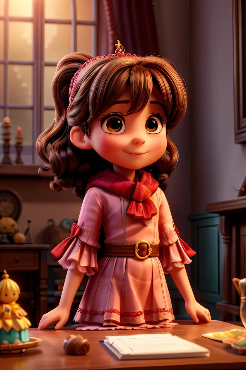 (Melhor qualidade,4K,high resolution,ultra-detalhado,realista:1.2), cores vibrantes, (retrato, Harry Potter), Sala do castelo com velas flutuantes, one of them holding a magic wand, she wears a black and red cape and a red and yellow striped scarf, sua irma de 4 anos e seu irmao de 20 anos estao ao seu lado. she is celebrating her 8th birthday, tem uma coruja perto, She has white skin, cabelos e olhos castanhos, Muito sorridente, she is dark, wavy hair looks a little messy at shoulder length, unidos por uma simples tiara vermelha.. She's standing still., there are potions under the table and in front of it a small pink birthday cake. The huge window behind casts a soft night light and everyone celebrates their birthday.