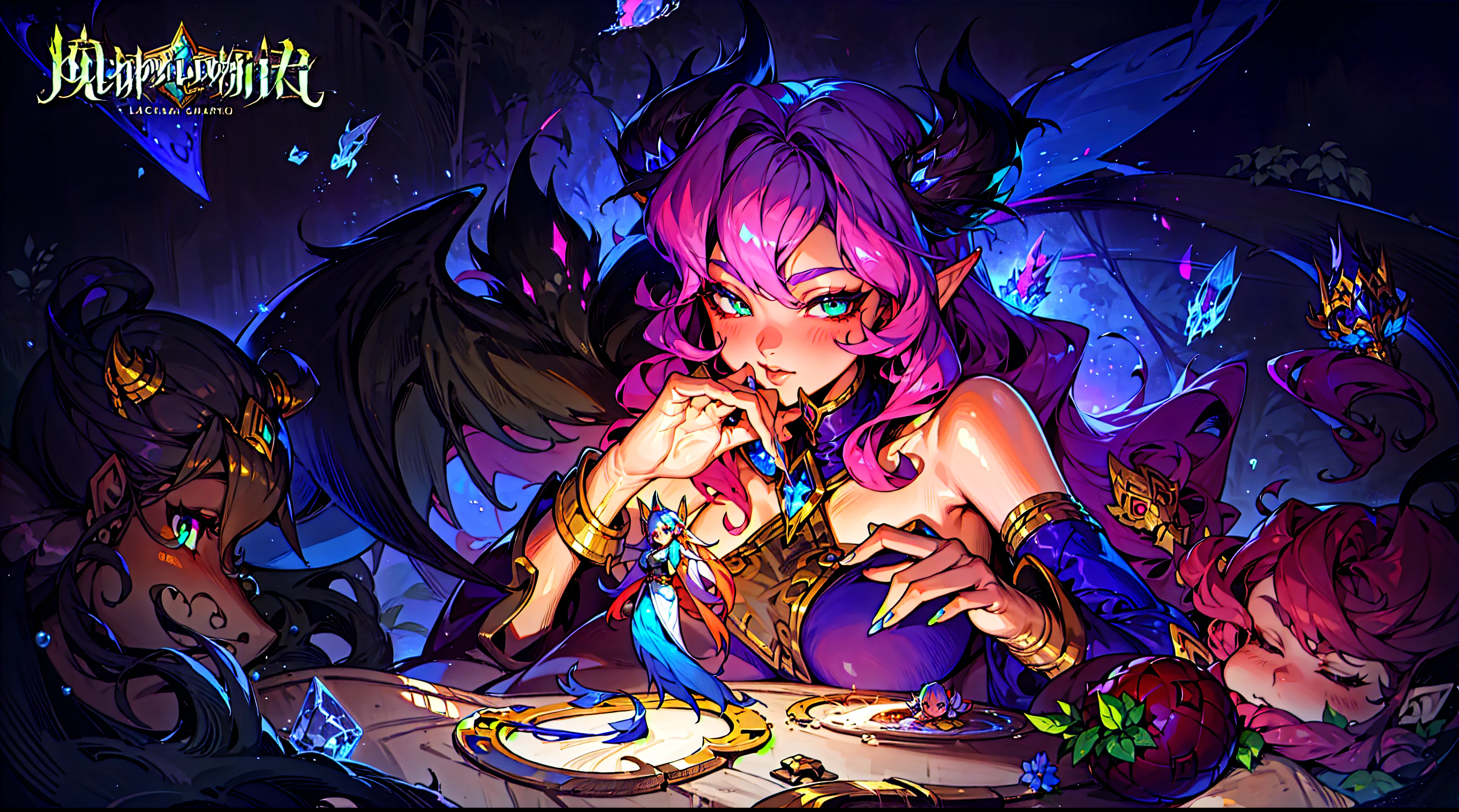 Cartoon picture of a woman and two children in the forest, Bronzed skin, League of Legends art style, Official splash art, From League of Legends, League of Legends style art, Elf, Elfs, Style ivan talavera and artgerm, guys, fairies, fantasy art style, zanlatalia, Bronzed skin, character splash art