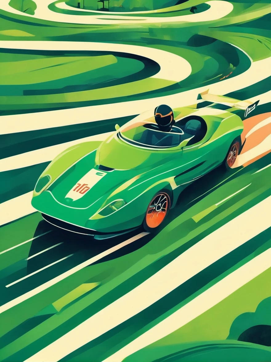 ((Long shot:1.8)), (masterpiece, best quality:1.2), (Flat vector:1.3)，Artistic concept illustration，minimalist style，simple，1 girl，((Racing track with green tones on the head、Hair decorated with racing track and sports car elements，Fantasy illustration of racing car speeding on a curved track，Evoke the allure of captivating racing scenery))
