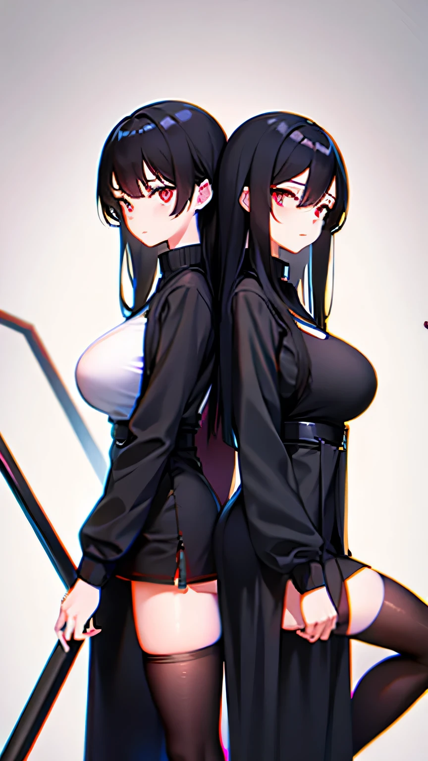 two girls:1 Twins Big breasts Slender body Super long black hair Black clothes Miniskirt Red eyes Cool