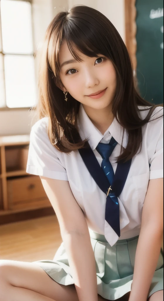 japanese 、high school girl、pleated skirt、smile、The background is a school classroom