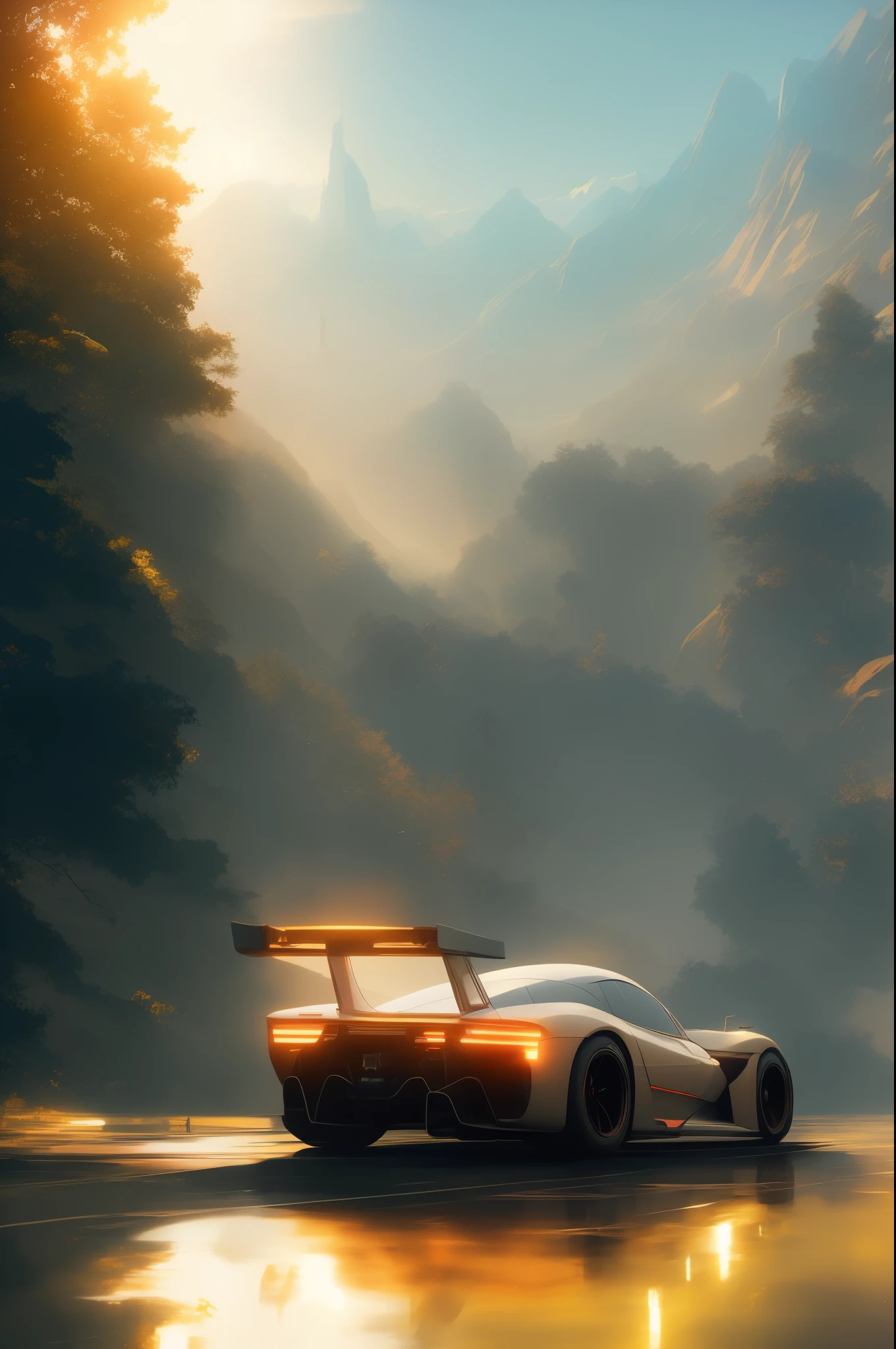 racing， concept art, Smooth, sharp focus, fast sedan，, Artwork by Greg Rutkowski and Alphonse Mucha, 8K