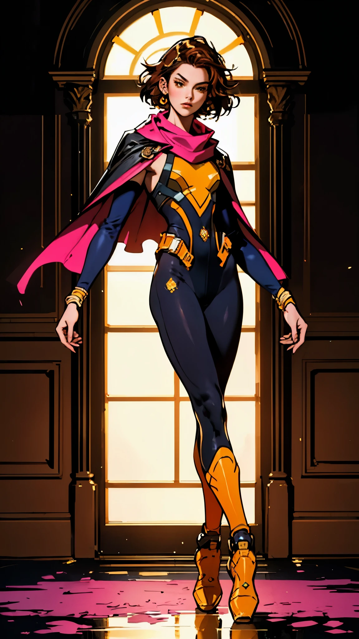 A  girl with short brown hair, delicate features, a focused gaze, a determined expression, she has a petite figure akin to a gymnast, adorned with a long flowing cape-like scarf in red and yellow hues, a fantasy-realism-style gymnastics leotard with a long hemline attached, paired with matching leggings, ((black as the main color, complemented by red and yellow accents)), (she poised on a vast stage enveloped in mystery, she emitting a sacred glow in the dim environment), this character embodies a finely crafted fantasy-realism-style dancer in anime style, exquisite and mature manga art style, perfect body, porcelain skin, high definition, best quality, highres, ultra-detailed, ultra-fine painting, extremely delicate, professional, anatomically correct, symmetrical face, extremely detailed eyes and face, high quality eyes, creativity, RAW photo, UHD, 32k, Natural light, cinematic, masterpiece-anatomy-perfect, masterpiece:1.5