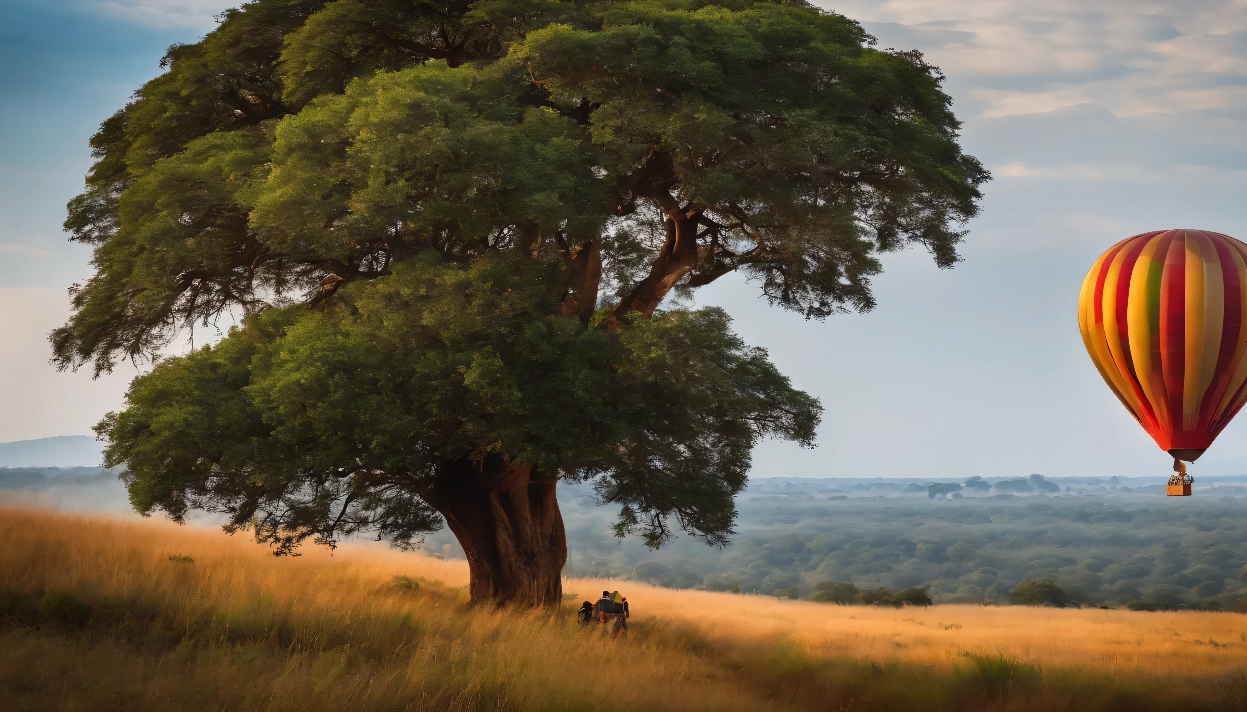 African grassland,There is a hot air balloon floating at the height of the tree tops,The hot air balloon is larger in the picture,At least half the proportion,There is a child sitting inside