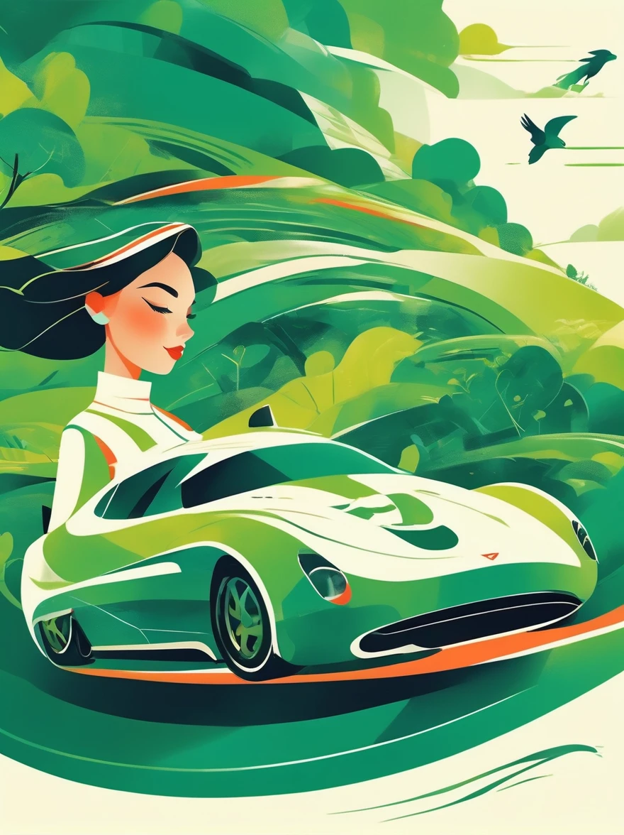 ((Long shot:1.8)), (masterpiece, best quality:1.2), (Flat vector:1.3),Artistic concept illustration,minimalist style,simple,1 girl,((Racing track with green tones on the head、Hair decorated with racing track and sports car elements,Fantasy illustration of racing car speeding on a curved track,Evoke the allure of captivating racing scenery))