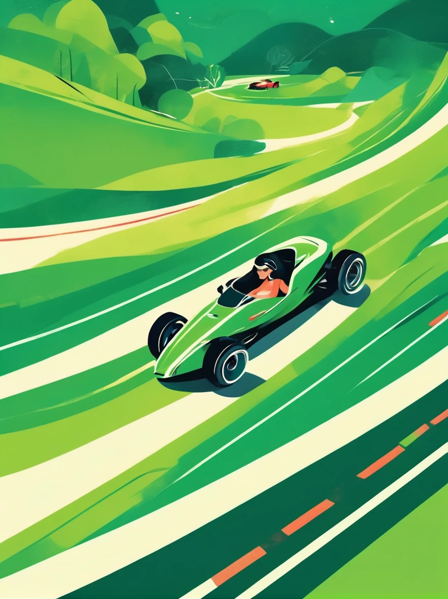 ((Long shot:1.8)), (masterpiece, best quality:1.2), (Flat vector:1.3)，Artistic concept illustration，minimalist style，simple，1 girl，((Racing track with green tones on the head、Hair decorated with racing track and sports car elements，Fantasy illustration of racing car speeding on a curved track，Evoke the allure of captivating racing scenery))