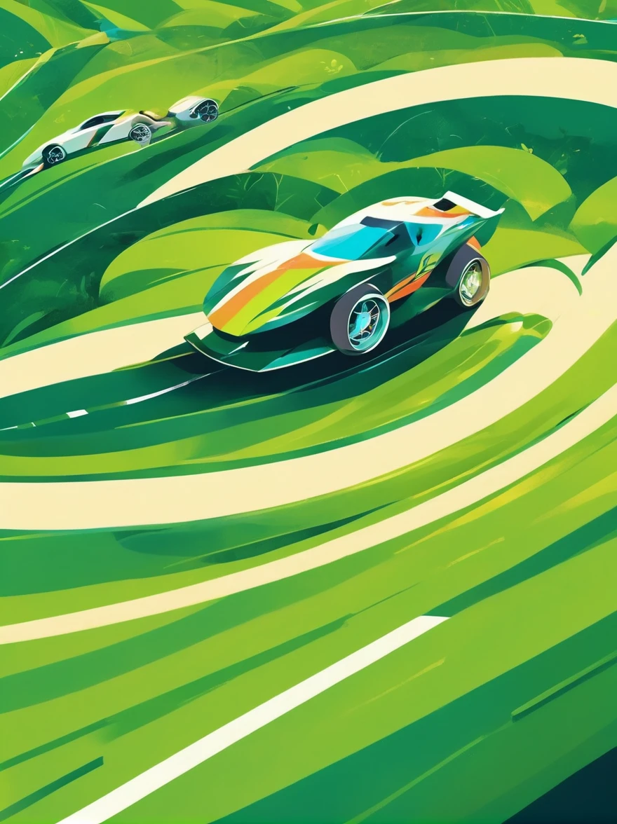 ((Long shot:1.8)), (masterpiece, best quality:1.2), (Flat vector:1.3),Artistic concept illustration,minimalist style,simple,1 girl,((Racing track with green tones on the head、Hair decorated with racing track and sports car elements,Fantasy illustration of racing car speeding on a curved track,Evoke the allure of captivating racing scenery))