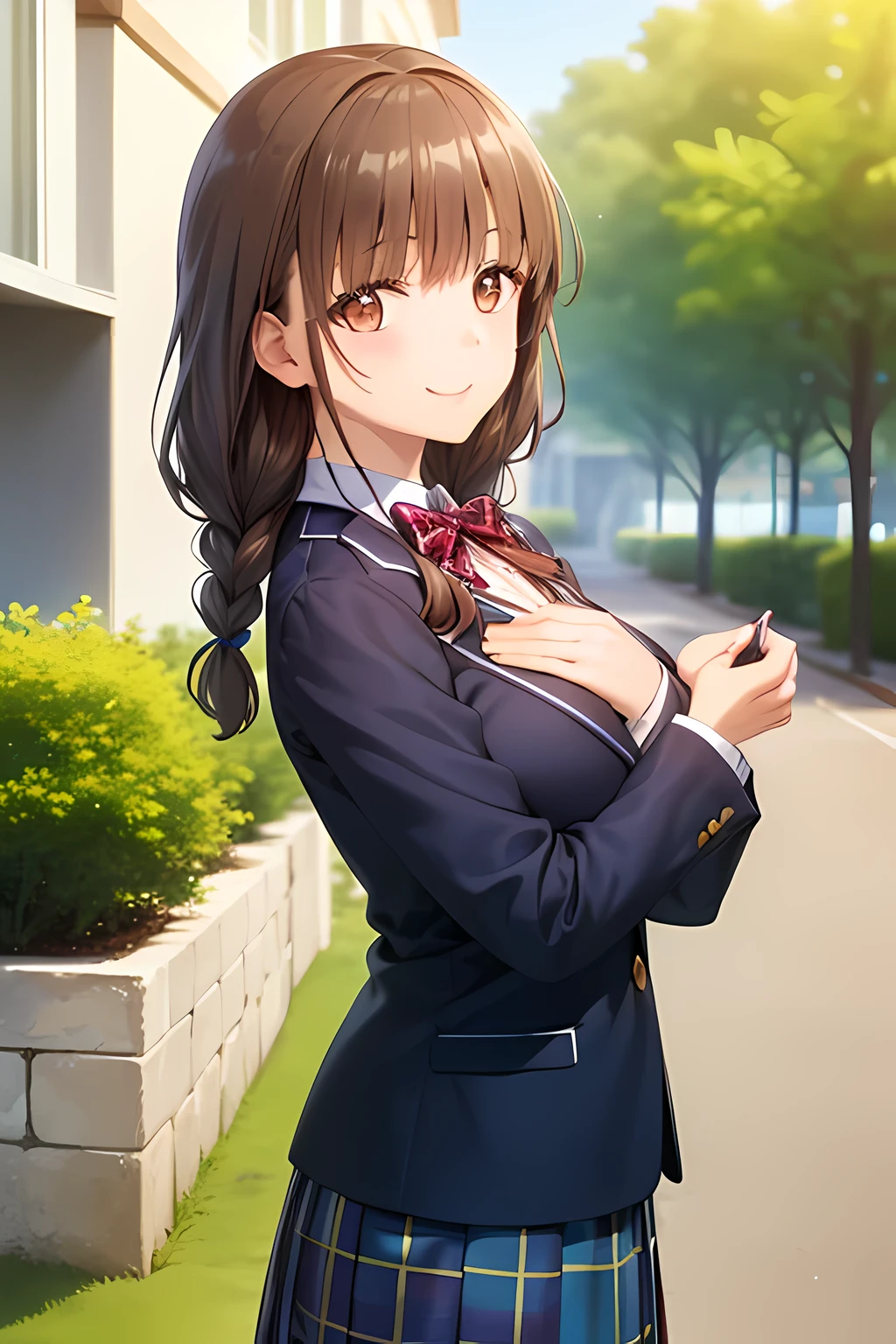 ((masterpiece, highest quality, High resolution, UHD, perfect pixel, written boundary depth, 4k, RTX, HDR))), 1 girl, single, alone, beautiful anime girl, beautiful art style, , Height: 150cm, anime character, ((thick dark brown hair:2.0, curly curly bangs:1.5, Dark brown tightly braided hairstyle:1.8, hairpin)), ((brown eyes:1.4, round big eyes, pupil, beautiful eyelashes, realistic eyes, droopy eyes, 優しく微笑むpupil, thin downward eyebrows)), ((detailed face)), ((smooth texture:0.75, realistic texture:0.65, realistic:1.1, Anime CG style)), modest chest, wide waist, cute smile, ((((Green school blazer with elegant emblem))), ((my chest is very big、dark blue big big school butterfly ribbon)), very shiny hair、((((Green & Navy color tartan check middle long skirt)))), ((A gentle and cute expression that looks at the viewer with a smile)), ((skirt with accent)), （(Strong appeal to viewers)), (((shot from the side))), white background