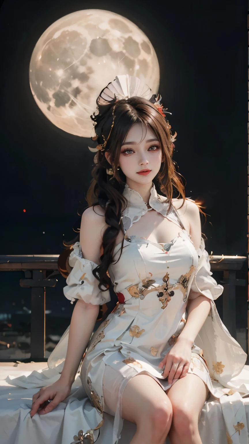 Modify hair only、Face)white dress,tulle skirt,Reddish-brown hair,curls,ponytail,Nice bun,Perfect hairstyle,red headdress,red eyes,red eye,red pupils,Delicate and detailed eyes,clear eyes,Red eyes,huge ,Smile,night、moonlight,Extremely detailed CG unified 8K wallpaper,(high dynamic range:1.4),(),(pastel colors,dim colors,soothing tones: 1.3)