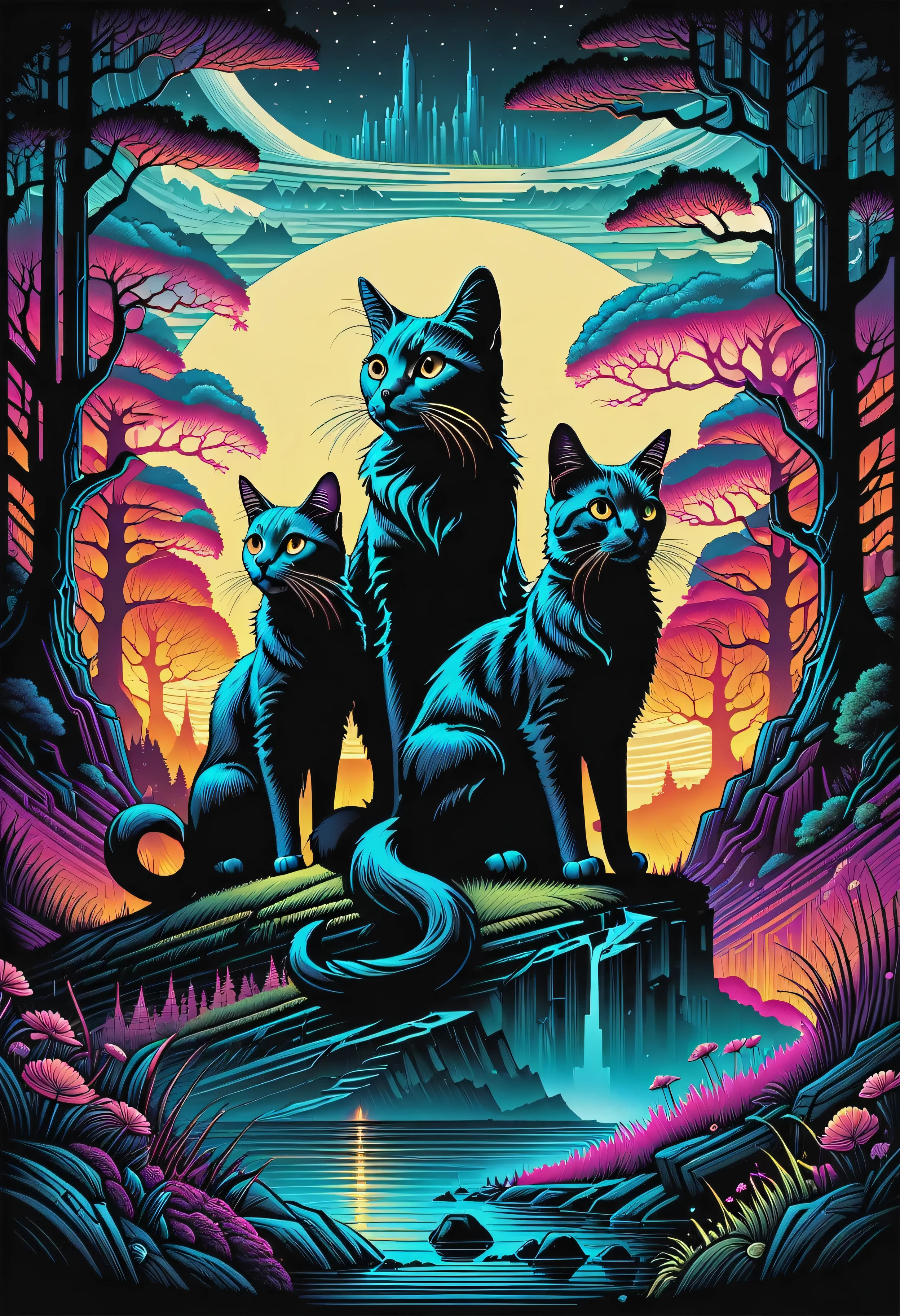 zwei katzen und einem Himmelshintergrund, inspired von Dan Mumford, Dan Mumford und Alex Gray Style, Im Stil von Dan Mumford Artwork, im Kunststil von Dan Mumford, Dan Mumford Farbe, El Bosco und Dan Mumford, Anton Fadeev und Mumford, Painting by Dan Mumford, von Dan Mumford, jen bartel