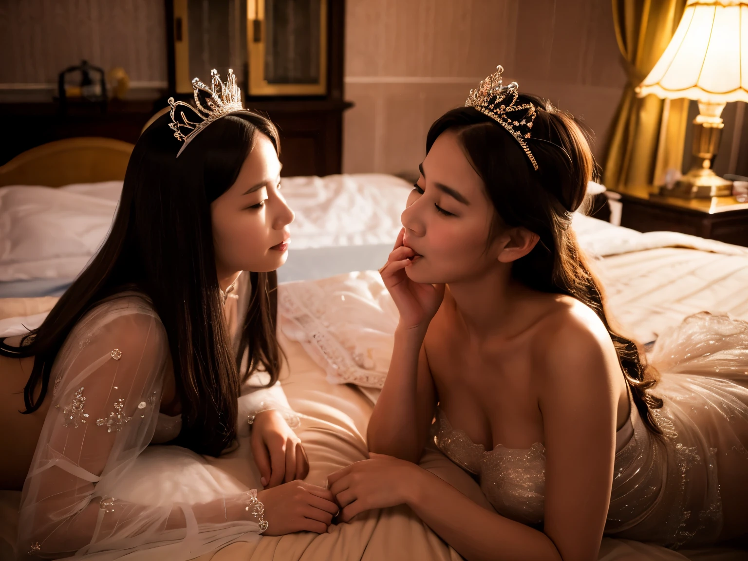 There is a 50-year-old middle-aged queen and a 20-year-old princess in a palace bedroom.。Both、Wearing a short, sheer nightgown and a tiara.、They hugged each other and looked at me, begging for sex with provocative poses.。