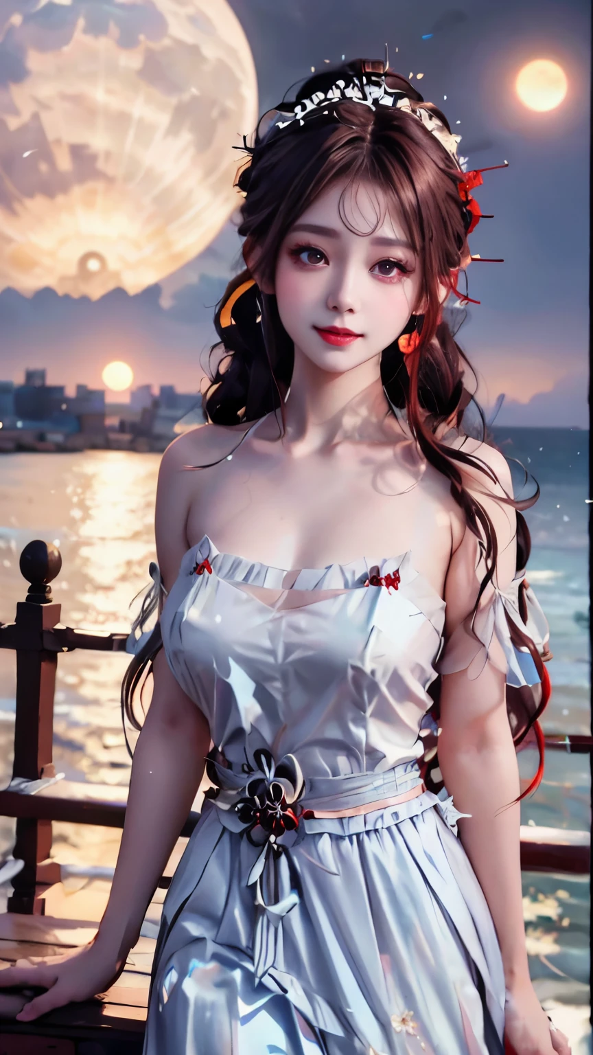Modify hair only、Face）white dress，tulle skirt，Reddish-brown hair，curls，ponytail，Nice bun，Perfect hairstyle，red headdress，red eyes，red eye，red pupils，Delicate and detailed eyes，clear eyes，Red eyes，huge ，Smile，night、moonlight、seaside，Extremely detailed CG unified 8K wallpaper，（high dynamic range：1.4），（），（pastel colors，dim colors，soothing tones： 1.3）