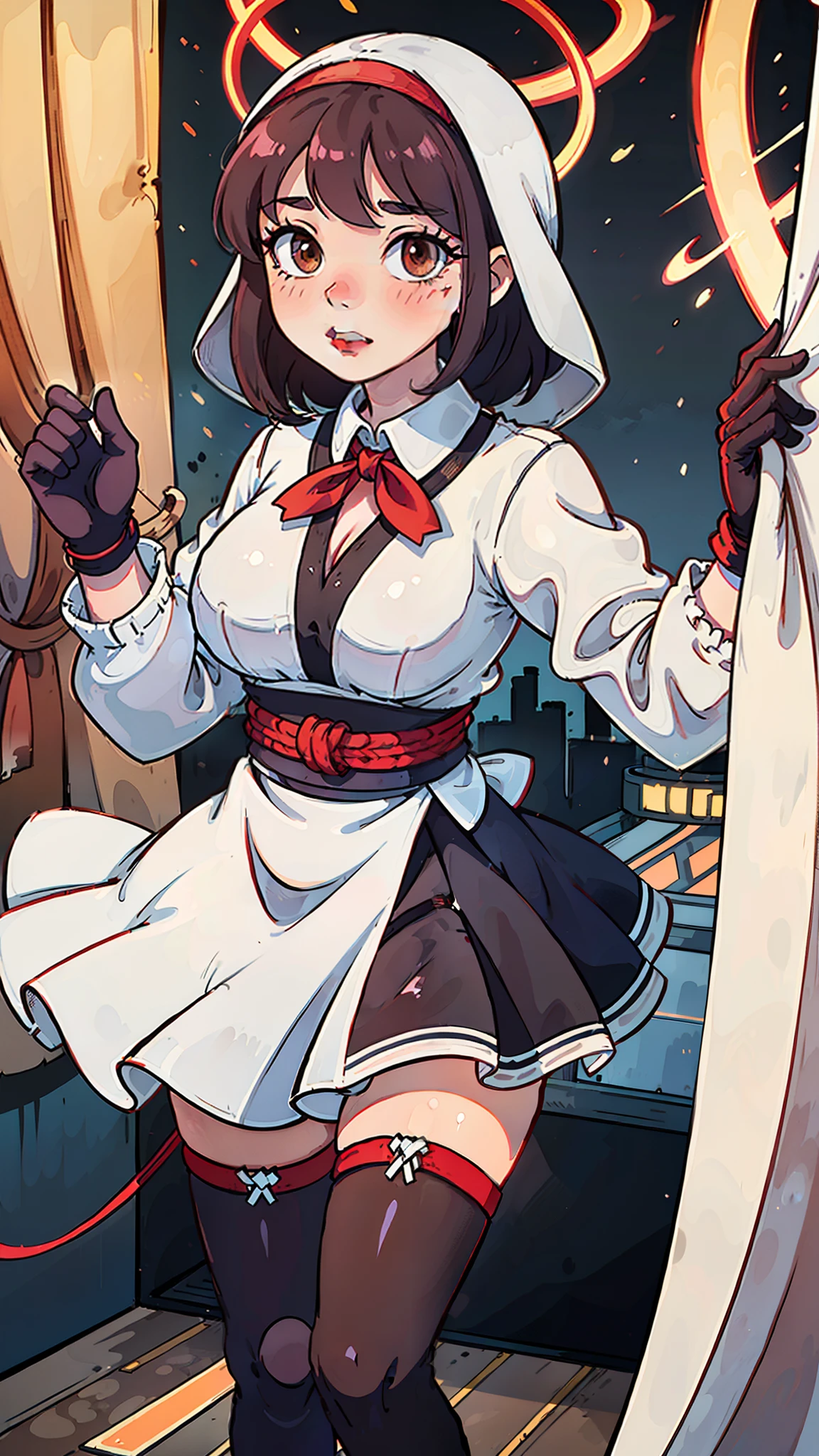 (best quality, ultra detailed, illustration, masterpiece),curtains, bodystocking, 1girl, solo, thighhighs, gloves, large breasts, long hair, ((skirt)), white thigh highs, nun, belt strapping, looking at viewer, halo, blush, long sleeves, covered navel, bangs, neck ribbon, braid, ((red shibari))