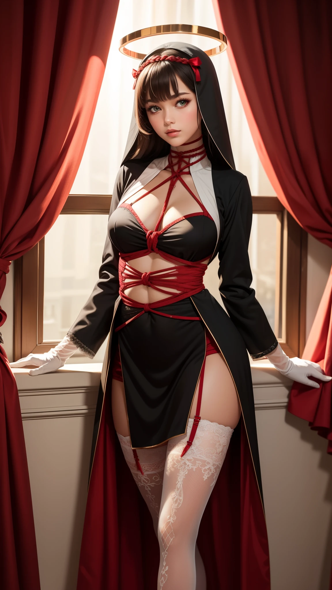 (best quality, ultra detailed, illustration, masterpiece),curtains, bodystocking, 1girl, solo, thighhighs, gloves, large breasts, long hair, ((skirt)), white thigh highs, nun, belt strapping, looking at viewer, halo, blush, long sleeves, covered navel, bangs, neck ribbon, braid, ((red shibari))