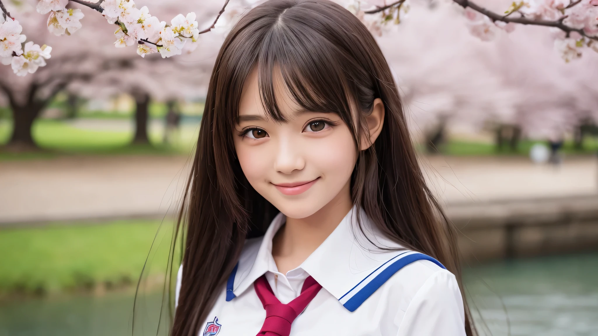 (1 girl), (big round eyes), cute smile, brown eyes, straight hair, (high school uniform:1.2), (highest quality: 1.4), (Super detailed), (highest quality:1.4), (Super detailed), evening, very high resolution, (Upper body), close up face, school anime, anime illustration, Cherry tree, (garden, River side), Hair fluttering in the spring breeze,
