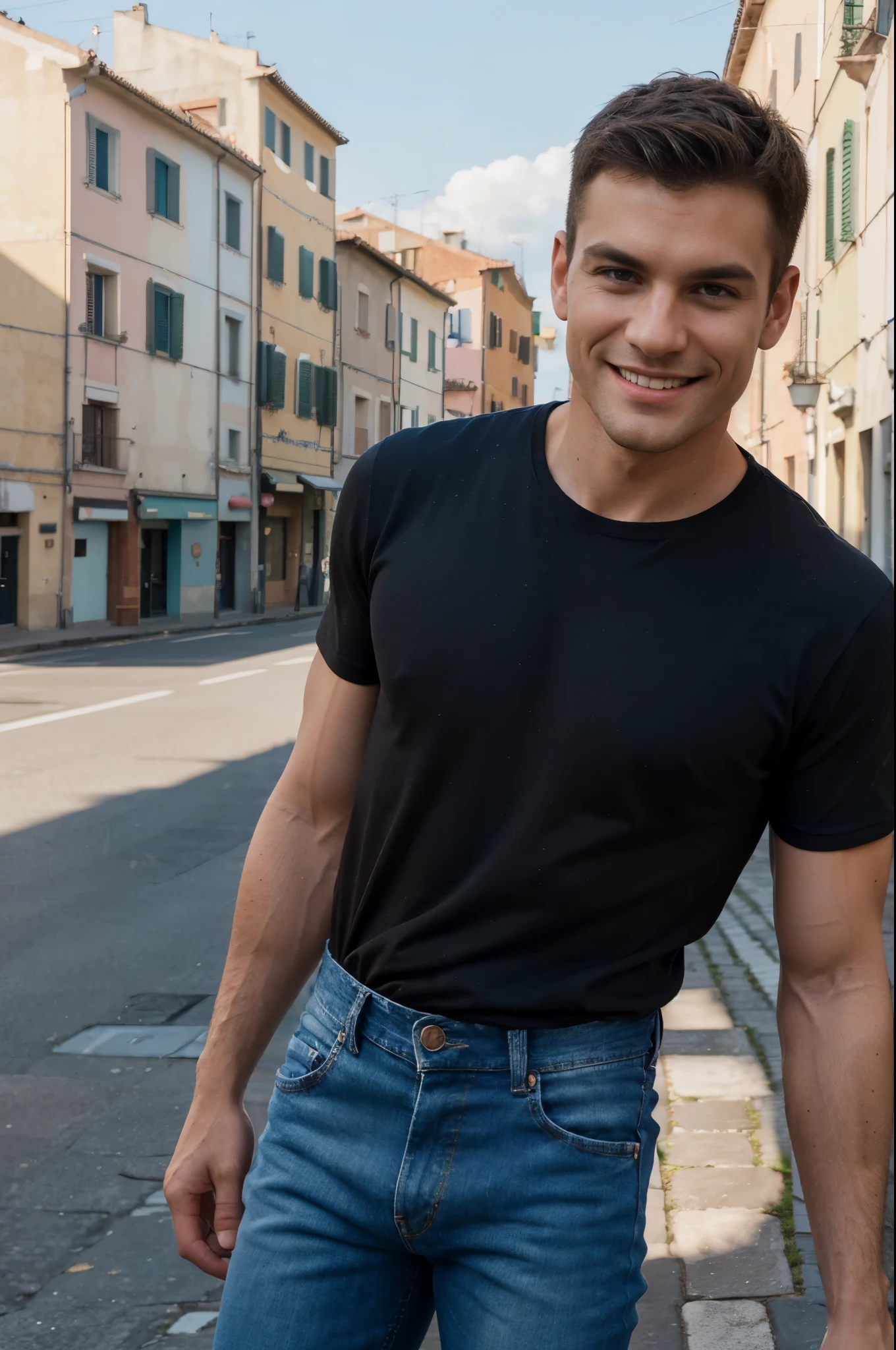 RAW photo, (male focus), a closeup portrait photograph of model man, muscle man, sharp jawline, very short hair, brown hair, standing outside, italian city in the background,  posing, smiling face, black t-shirt, denim broken jeans, with a smirk 8k uhd, dslr, soft lighting, high quality, film grain, Fujifilm XT3