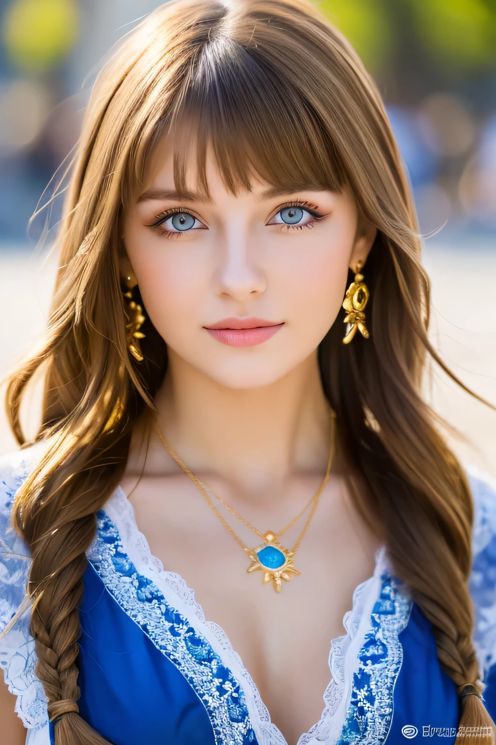 ((highest quality:1.2, 8K, realistic:1.4, masterpiece, Backlight, ultimate beautiful girl, Beautiful highly detailed textures, 、detailed beauty makeup:1.2, detailed deep eyes, detailed bangs)),beauty of ukraine, Ukrainian women, Woman&#39;s face with Ukrainian features, cross necklace, Ukrainian traditional hair ornament, earrings, Ukrainian women&#39;s traditional costume, ukrainian makeup, sandals, the best beauty , 18-year-old, full body, Republic Square in Kyiv, beauty of ukraine, light brown eyes, light brown hair