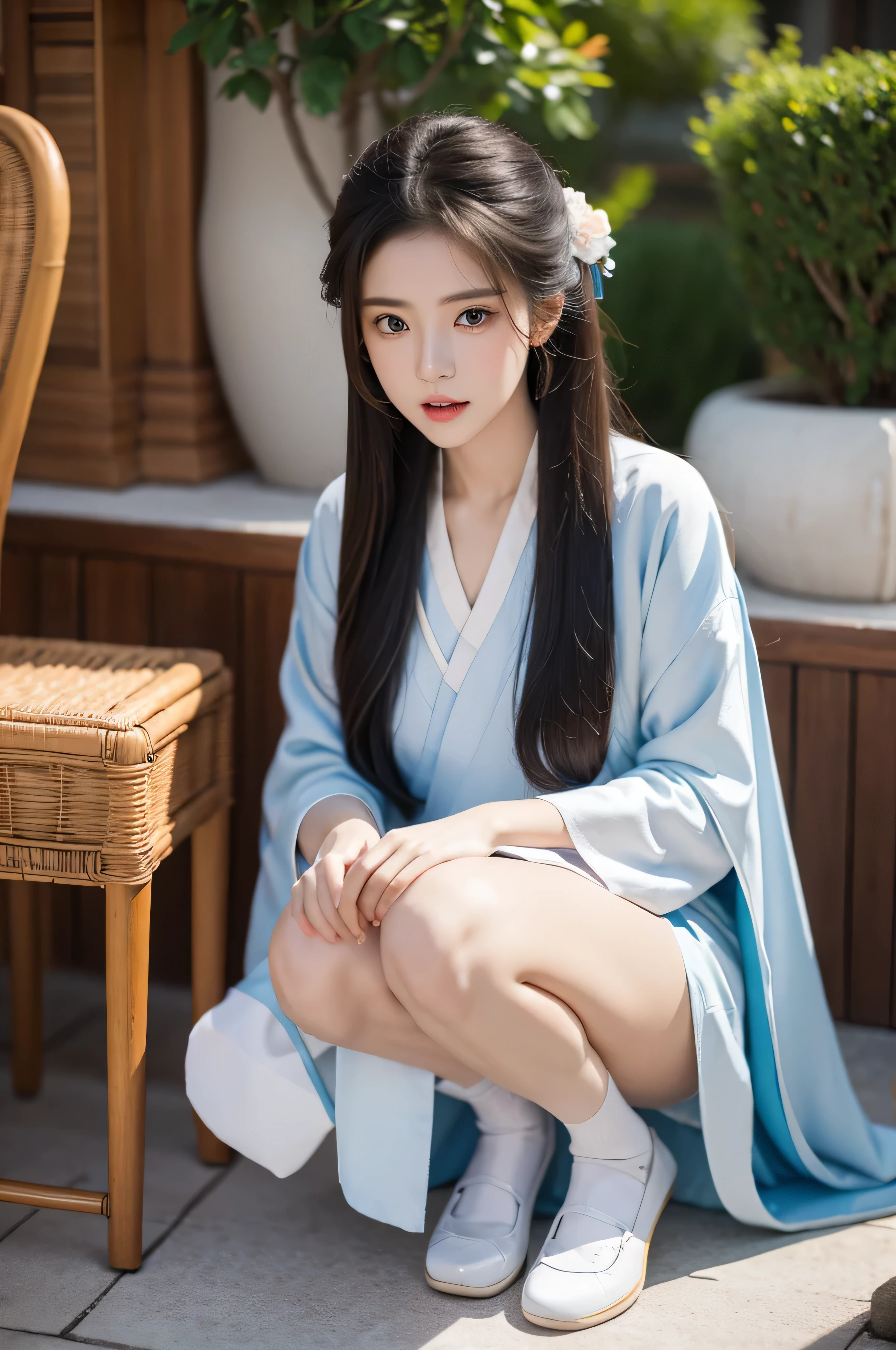 Fair, masterpiece, best quality, extremely detailed face,1 girl, alone，wrap your chest，Green silk tulle Hanfu，whole body