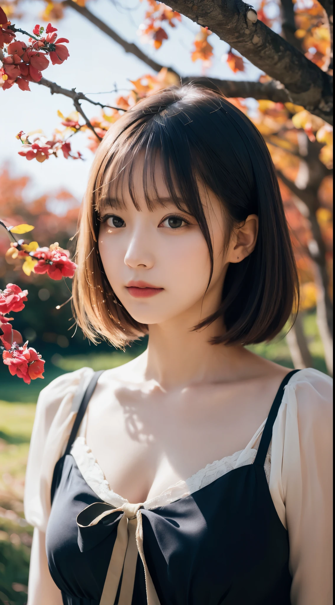 (8K, highest quality, masterpiece:1.2),(highest quality:1.0), (ultra high resolution:1.0), watercolor, beautiful woman, shoulder, hair ribbon, Written by Agnes Cecil, half body portrait, very bright bright design, pastel colour, (ink:1.3), autumn lights,