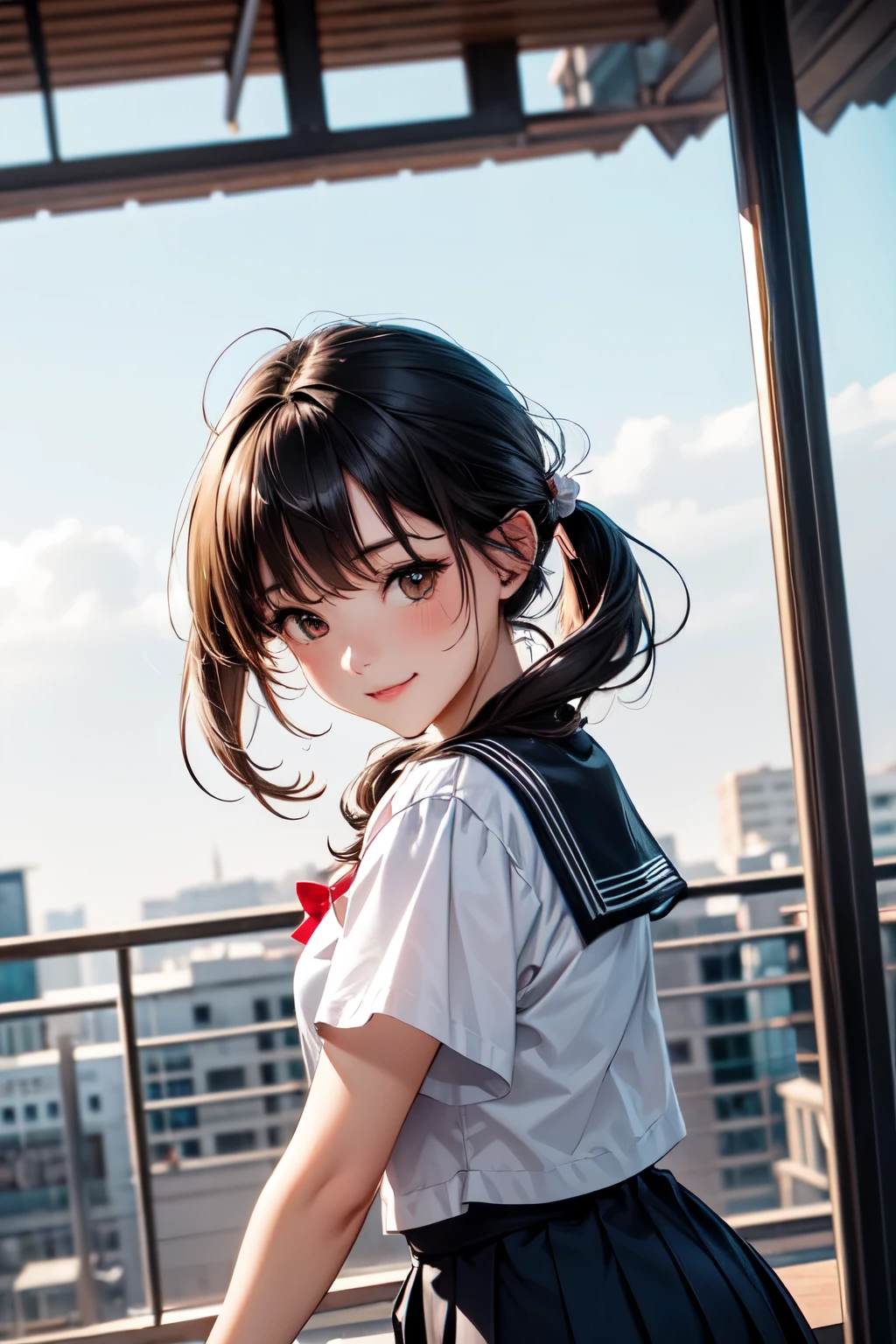 very cute and beautiful girl,(highly detailed beautiful face),
(smile),blush,black hair,low twintails,standing,serafuku,pleated navy blue mini skirt,from below,(white panties),
summer,school rooftop,building,chain-link fence,
(best quality,masterpiece:1.2),absurdres,highres,ultra-detailed,extremely detailed,32k,8k resolution,
intricate details,cinematic scene,detailed background,solo,dynamic angle,