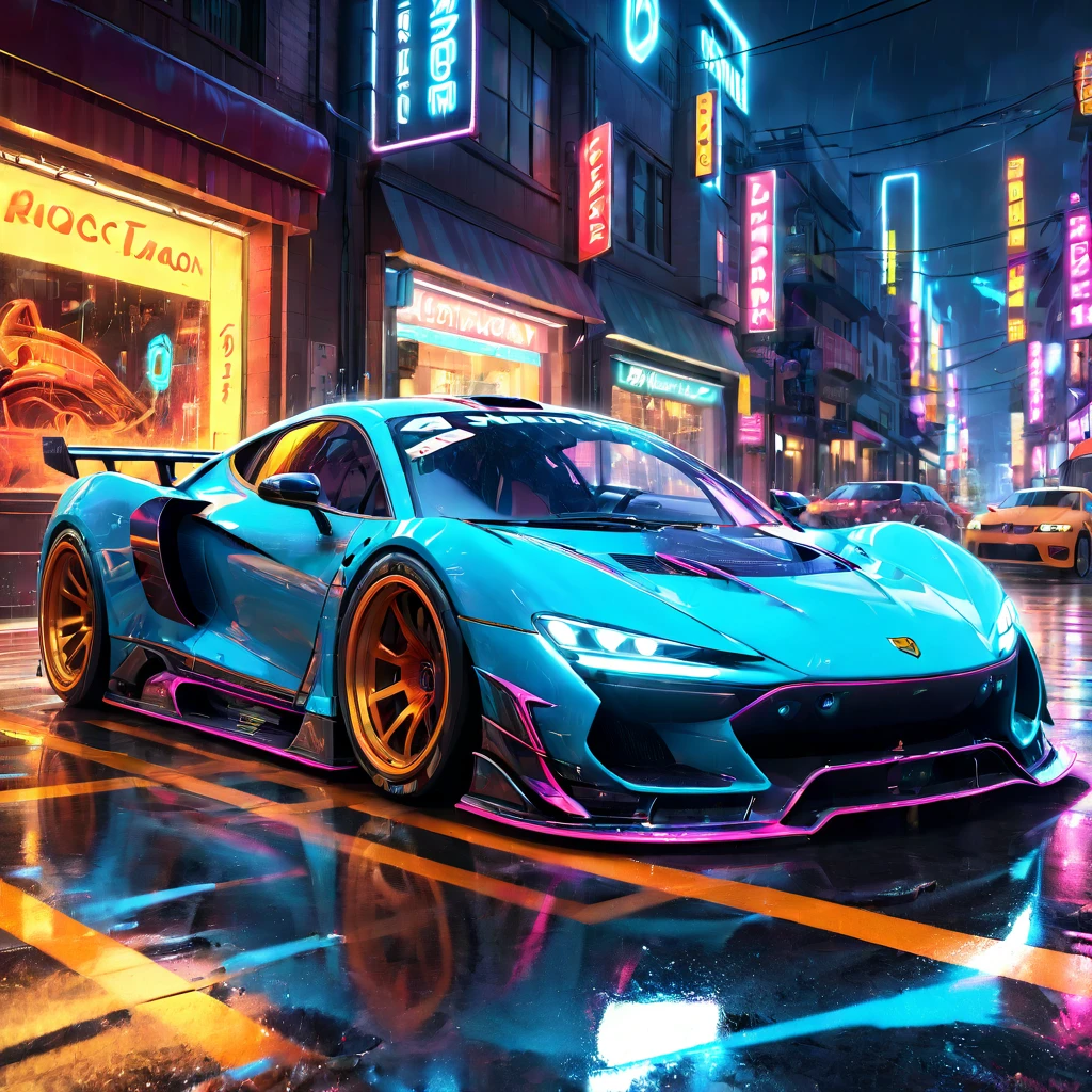 Racing Car, aesthetic, extremely detailed, speeding time lapse lightning flash neon car race detailed, detailed matte painting, deep color, fantastical, intricate detail, splash screen, complementary colors, fantasy concept art, 8k resolution trending on Artstation Unreal Engine 5