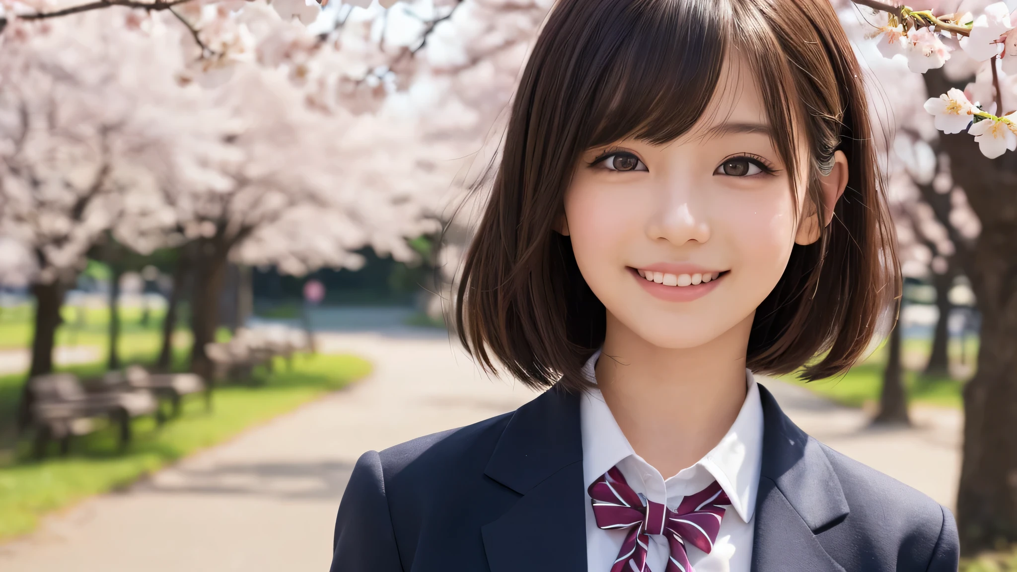(1 girl), (big round eyes), cute smile, brown eyes, short hair, (high school uniform:1.2), (highest quality: 1.4), (Super detailed), (highest quality:1.4), (Super detailed), evening, very high resolution, (Upper body), close up face, school anime, anime illustration, Cherry tree, (garden, River side), Hair fluttering in the spring breeze,