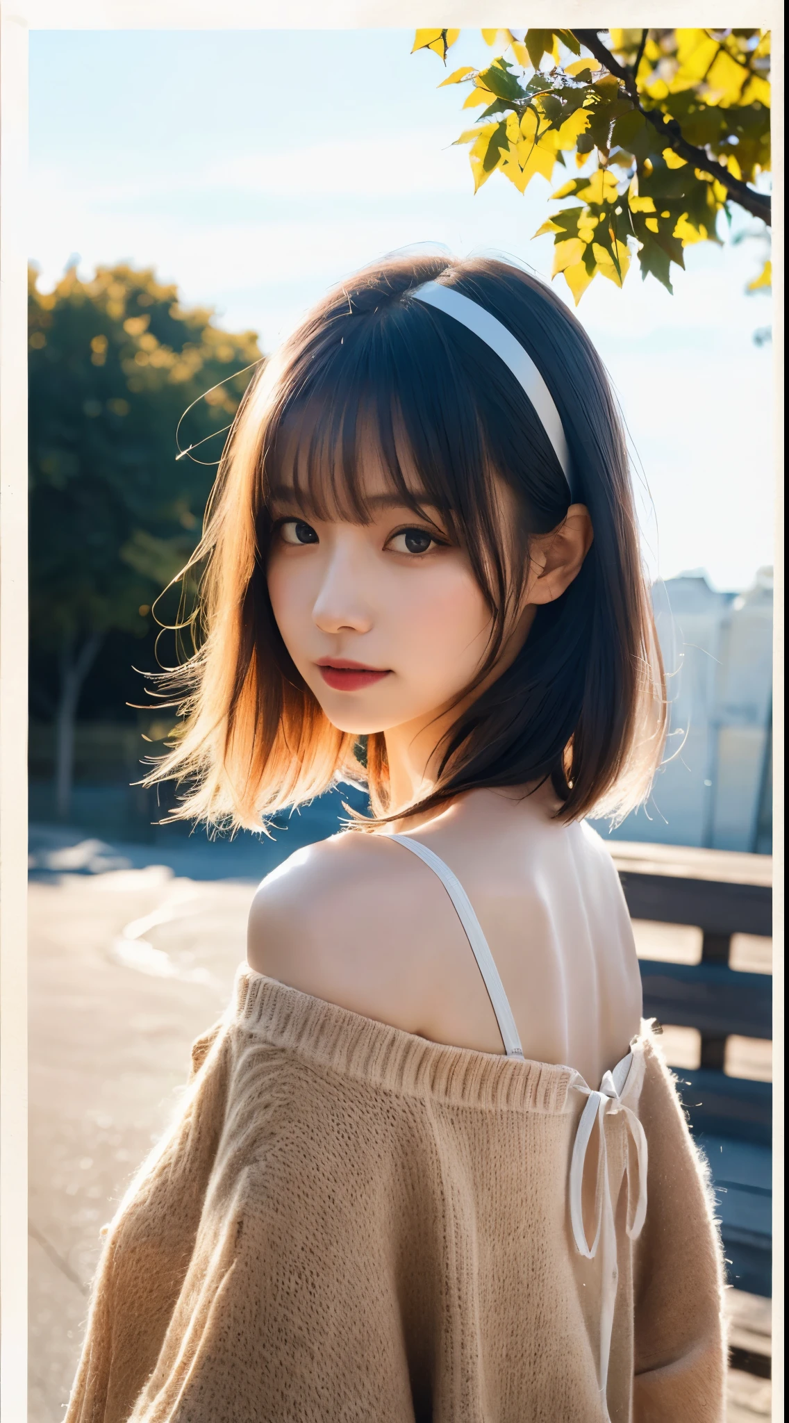 (8K, highest quality, masterpiece:1.2),(highest quality:1.0), (ultra high resolution:1.0), watercolor, beautiful woman, shoulder, hair ribbon, Written by Agnes Cecil, half body portrait, very bright bright design, pastel colour, (ink:1.3), autumn lights,