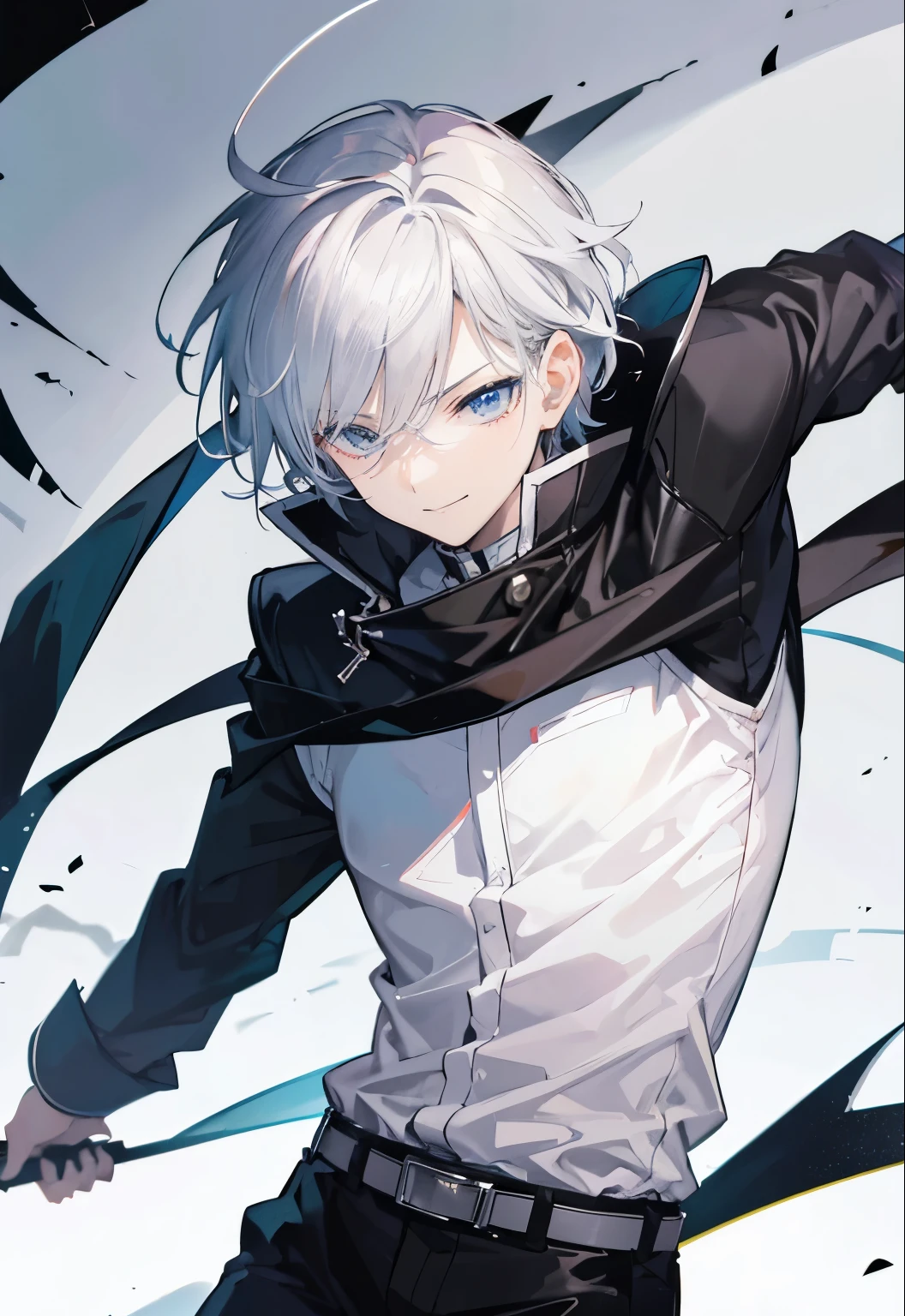 High resolution, 2D anime style,,cool men,short hair,silver hair,Dark Fashion,he is smiling a little,