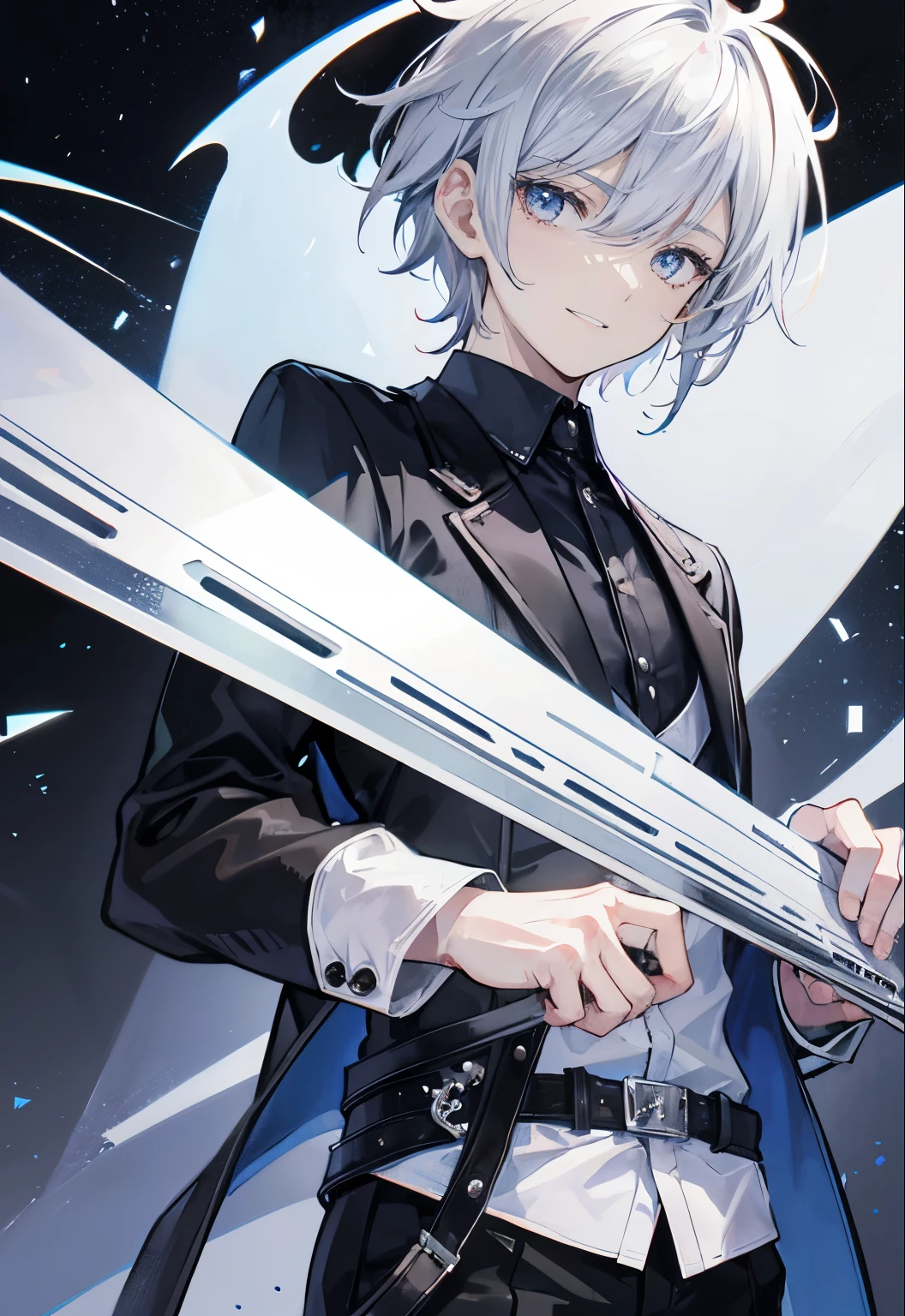 High resolution, 2D anime style,,cool men,short hair,silver hair,Dark Fashion,he is smiling a little,