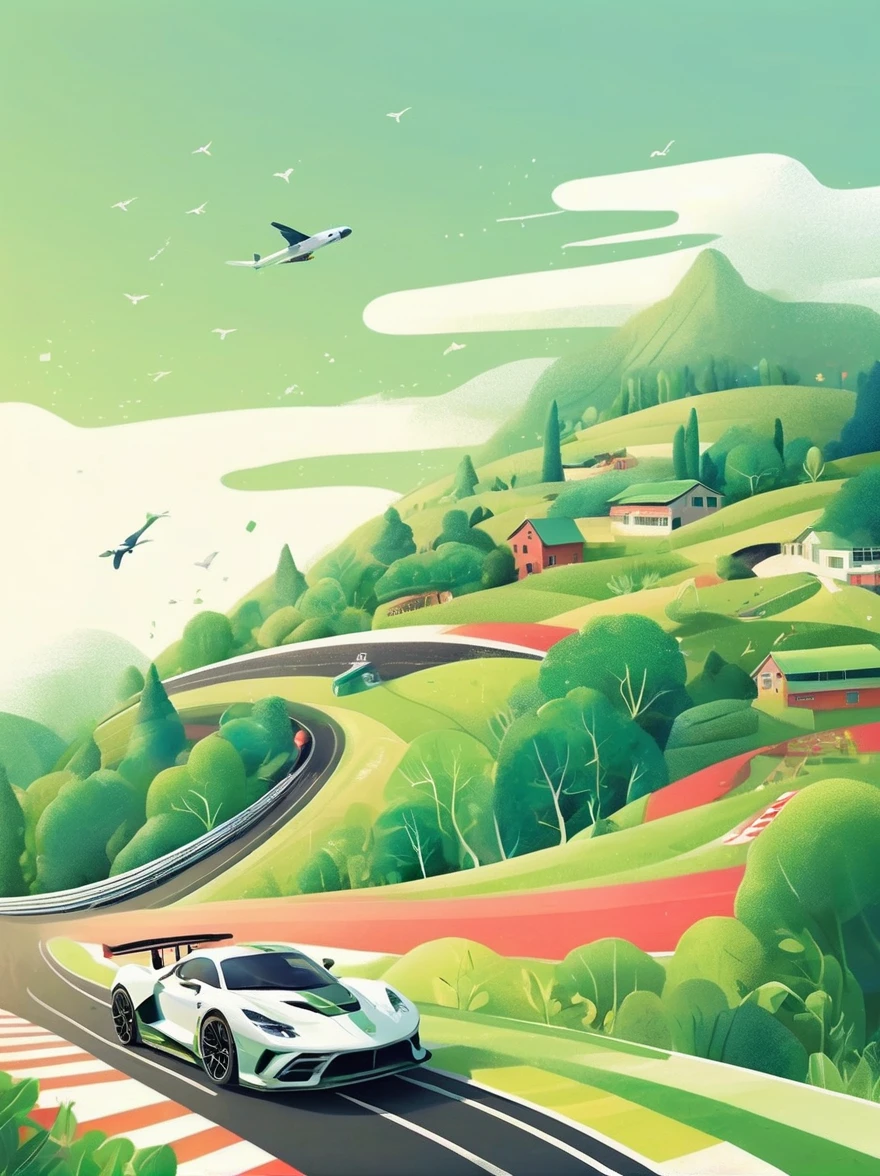 ((Long shot:1.8)), (masterpiece, best quality:1.2), (Flat vector:1.3)，Artistic concept illustration，minimalist style，simple，1 girl，((Racing track with green tones on the head、Hair decorated with racing track and sports car elements，Fantasy illustration of racing car speeding on a curved track，Evoke the allure of captivating racing scenery))