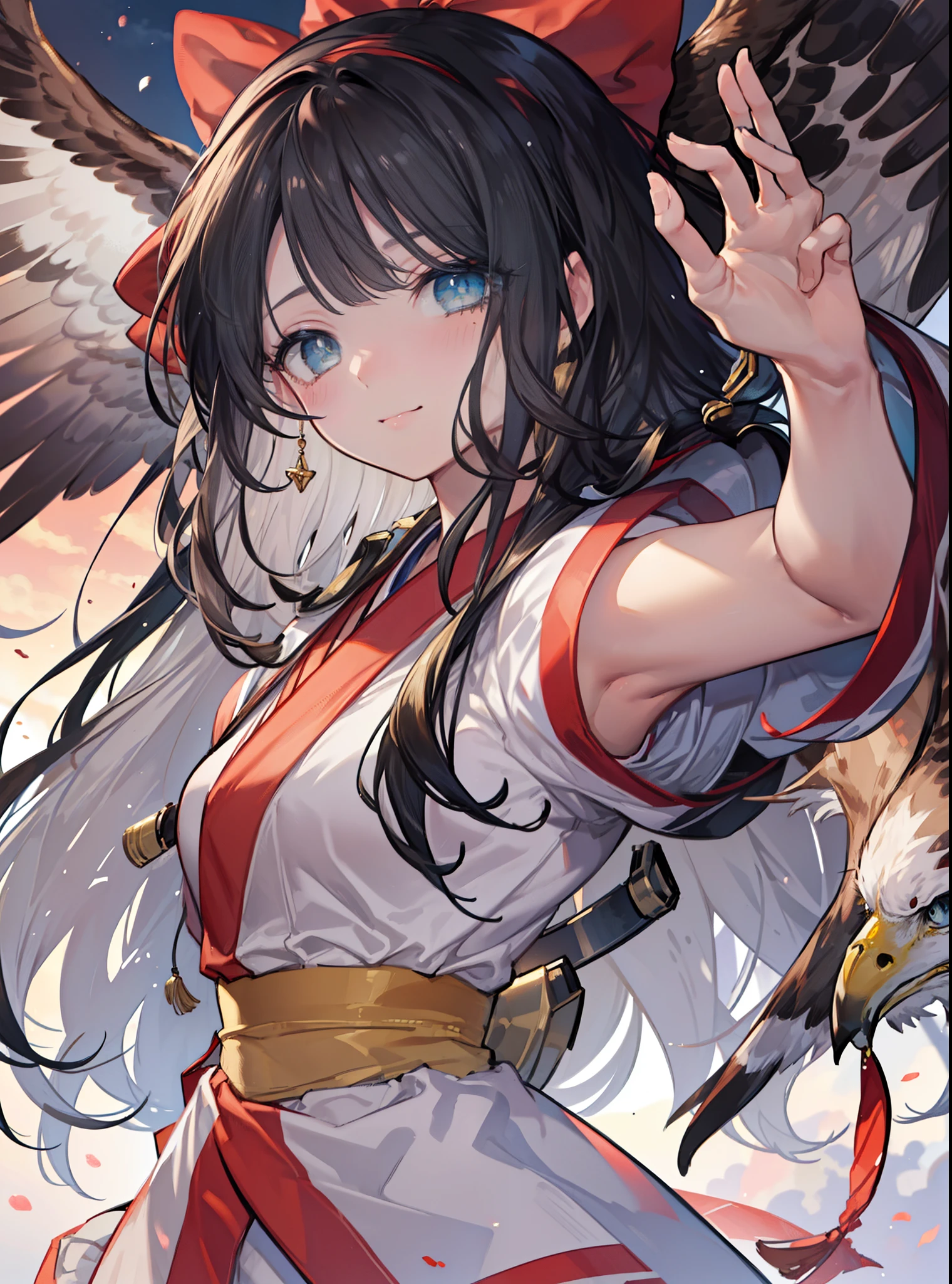 8K,highest quality,masterpiece,1 girl, eagle, stagnation, red bow, bow, long hair, hair bow, alone, hair band, black hair,  sash, bangs, red hair band, chest, brown ruby eyes, smile,blush,Japanese high school girl uniform(black sailor suit),小さなchest,pink cardigan,pleated skirt,(スムーズなポインティングはeagleに向かって飛びます：1.3），bird view ,School　Back of school building,peek from below,(masterpiece:1.2), highest quality, High resolution, unity 8K wallpaper, (shape:0.8), (beautiful and detailed eyes:1.6), highly detailed face, perfect lighting, Very detailed CG, (perfect hands, perfect anatomy),