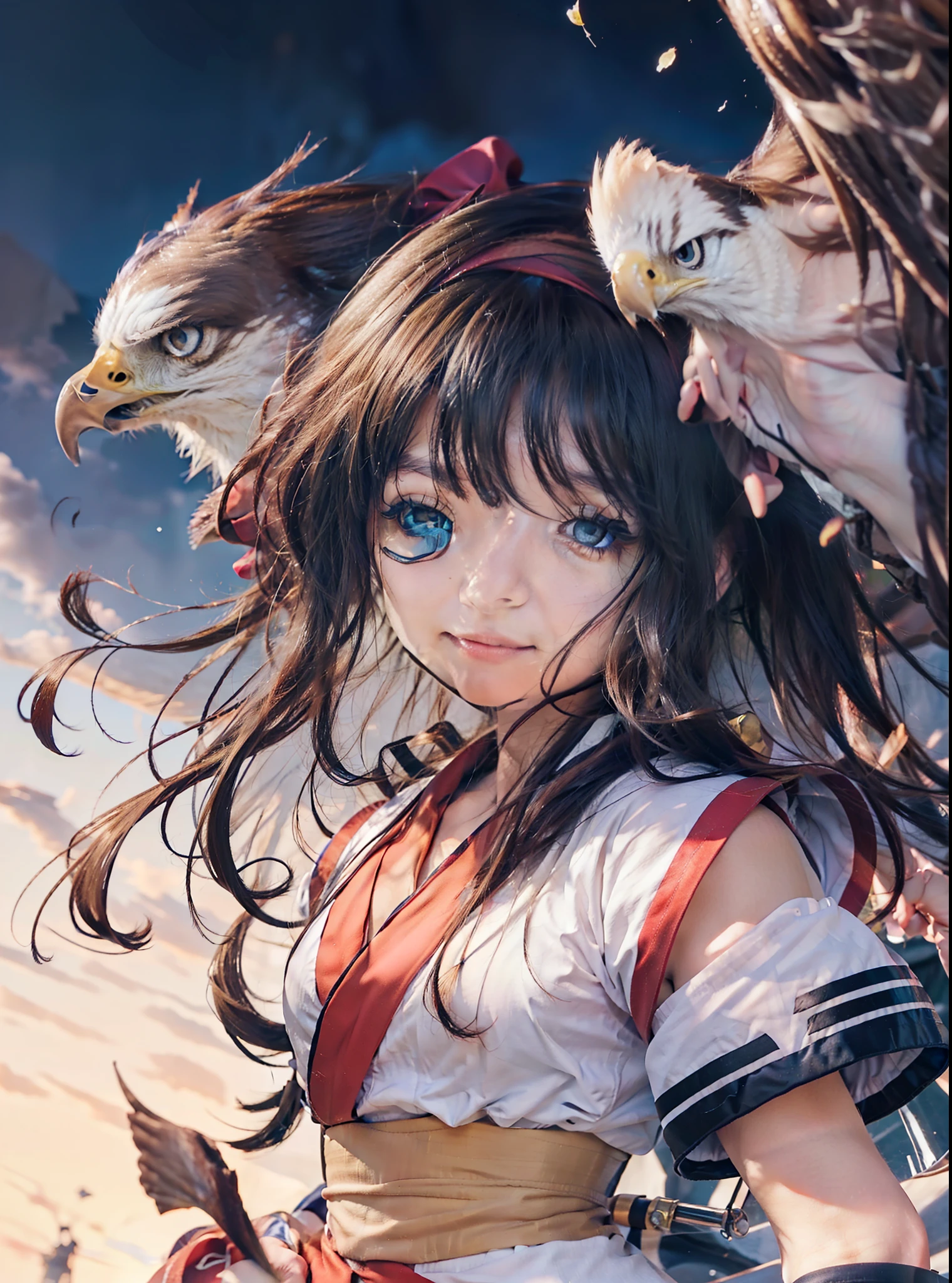 8K,highest quality,masterpiece,1 girl, eagle, stagnation, red bow, bow, long hair, hair bow, alone, hair band, black hair, sash, bangs, red hair band, chest, brown ruby eyes, smile,blush,Japanese high school girl uniform(black sailor suit),小さなchest,pink cardigan,pleated skirt,(スムーズなポインティングはeagleに向かって飛びます:1.3),bird view ,School Back of school building,peek from below,(masterpiece:1.2), highest quality, High resolution, unity 8K wallpaper, (shape:0.8), (beautiful and detailed eyes:1.6), highly detailed face, perfect lighting, Very detailed CG, (perfect hands, perfect anatomy),