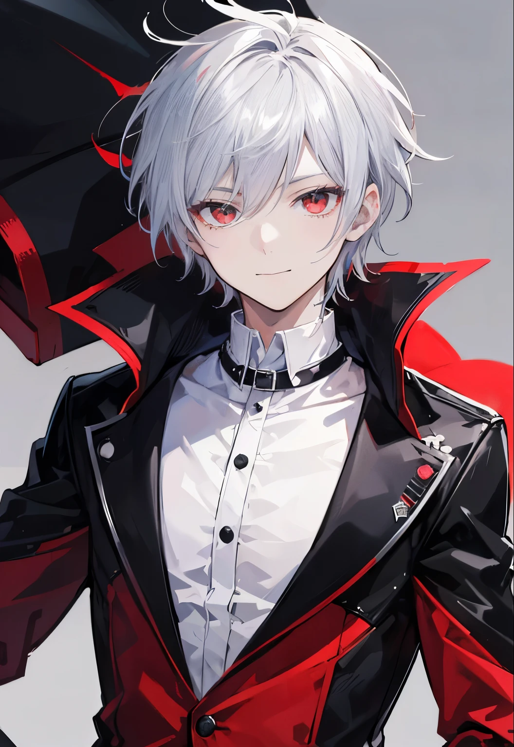 High resolution, 2D anime style,,cool men,short hair,silver hair,red eyes,Dark Fashion,he is smiling a little,