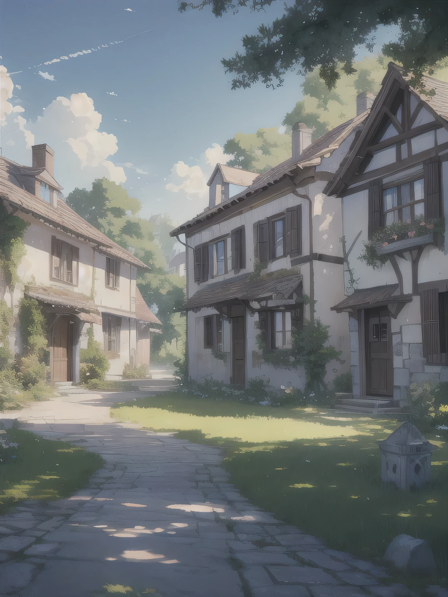 create a masterpiece 4k anime pastel ray tracing illustration style art of "an old village with beautiful trees and an old European house